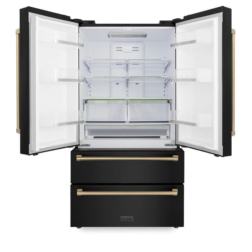ZLINE Autograph Edition 36-inch Black Stainless Steel Kitchen Package - Dual Fuel Range, Range Hood, Dishwasher & Refrigerator with Internal Water Dispenser & Champagne Bronze Accents (4AKPR RABRHDWV36 CB) | Premium Kitchen Appliances for Modern Homes & Gourmet Cooking