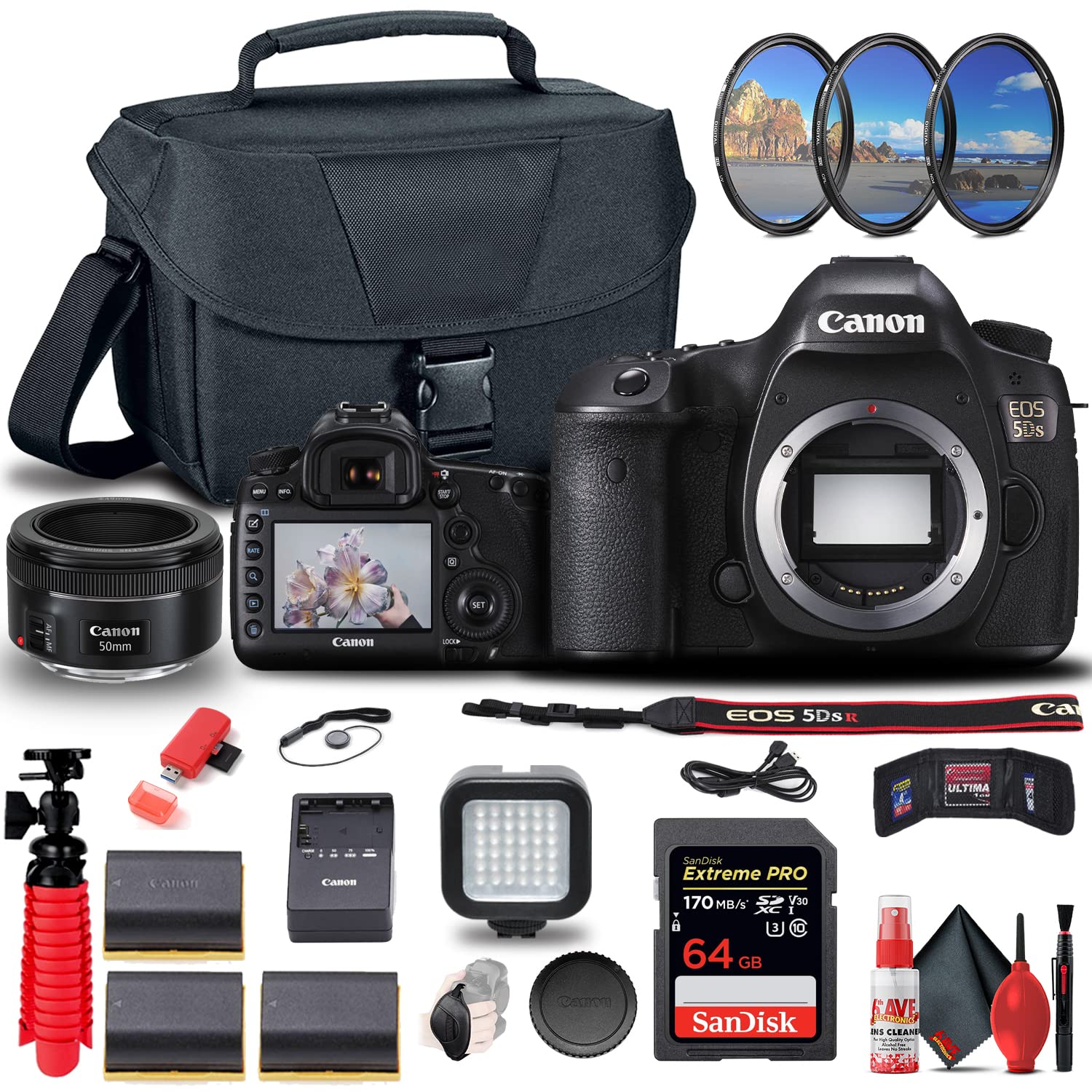 Canon EOS 5DS 50.6MP Full Frame DSLR Camera Body (Renewed) with EF 50mm f/1.8 Lens, 64GB SD Card, Case, Filter Kit, Photo Software, 2 Batteries - Perfect for Professional Photography, Portraits & Travel