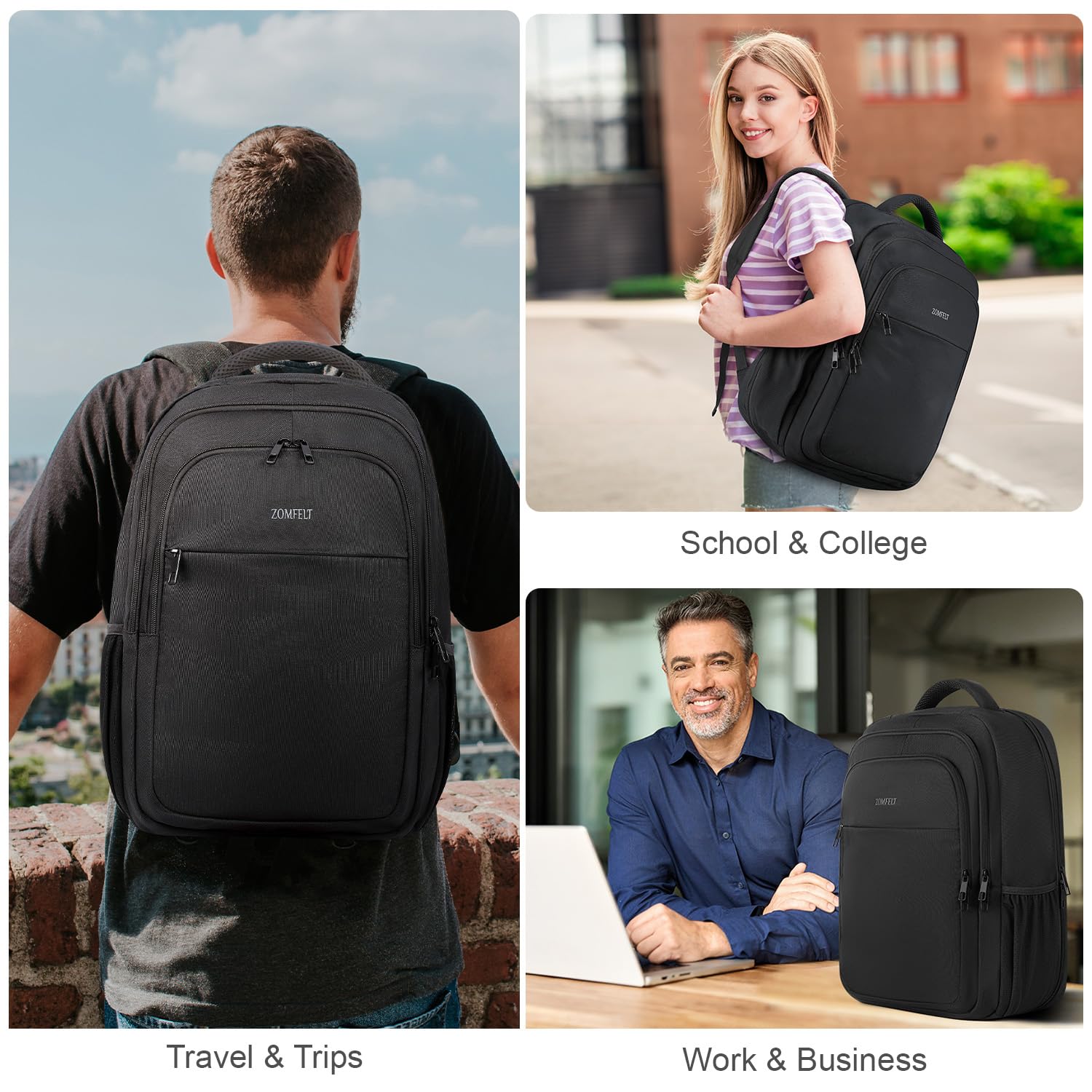 ZOMFELT 15.6 Inch Laptop Backpack for Men & Women - Water Resistant, Flight Approved Carry On Backpack for College, Business, Work & School - Durable Daypack for Travel, Commuting & Daily Use - Black