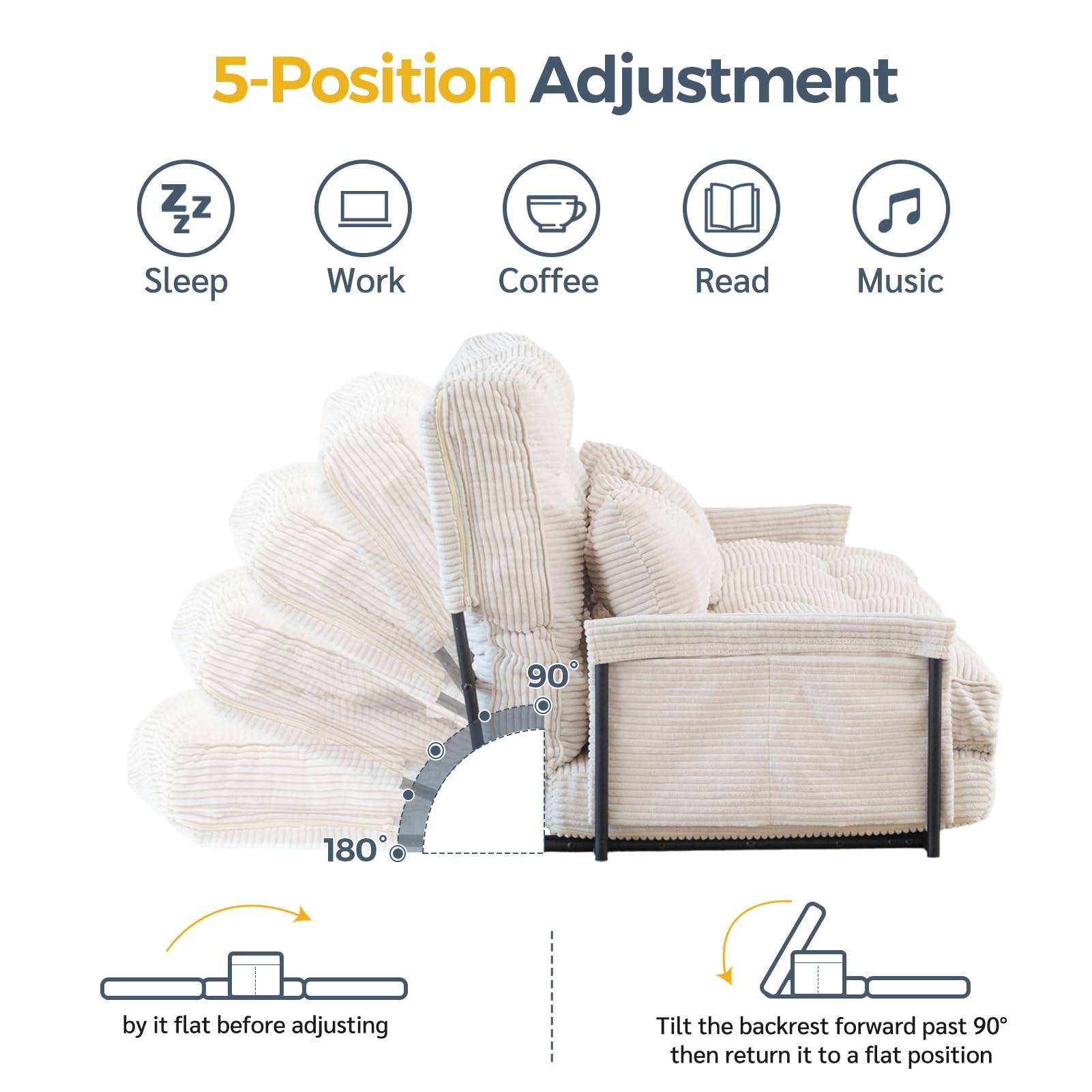 MAXYOYO Adjustable Floor Sofa Bed with 2 Pillows - Multi Functional Bean Bag Sleeper with Armrest for Reading, Gaming & Relaxing - Comfortable Beige Lounger for Living Room, Bedroom & Dorm
