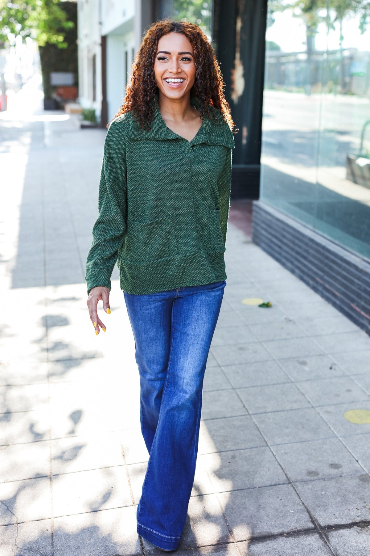 Easy Living Olive Textured Knit Notch Neck Oversized Collar Sweater - Cozy Oversized Women's Pullover for Fall & Winter | Perfect for Casual Outfits, Office Wear and Coffee Dates