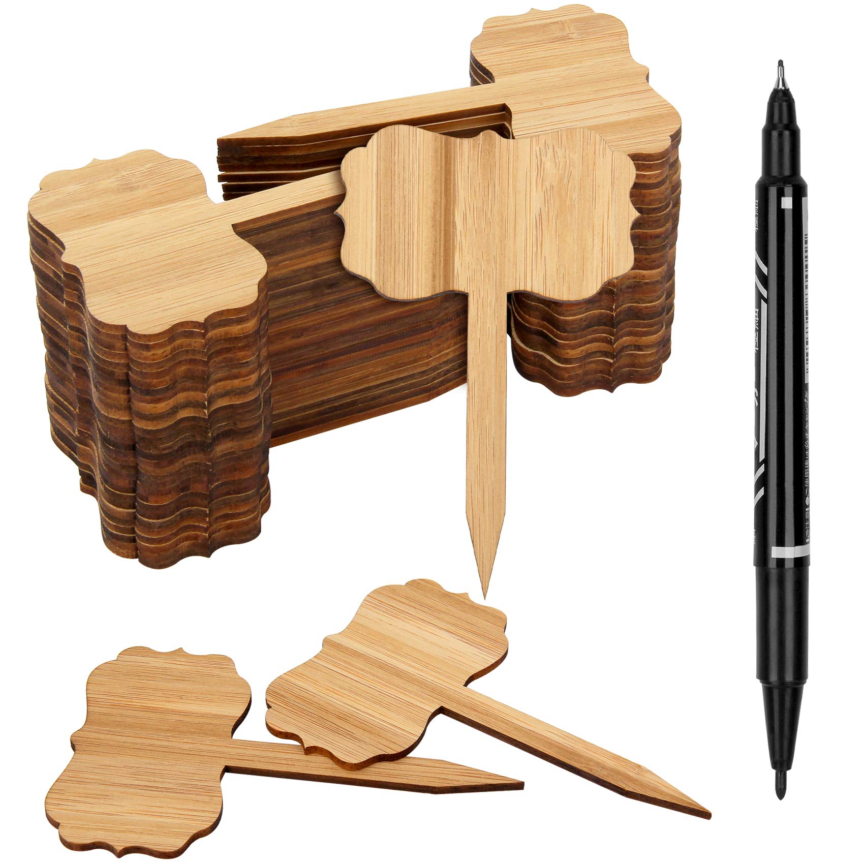 Colovis 60 PCS Bamboo Plant Labels - T-Shaped Wooden Garden Markers with Pen for Seedlings, Herbs, Vegetables | Waterproof Plant Tags for Nursery, Greenhouse & Outdoor Gardening (6.3x10cm, Natural Wood)
