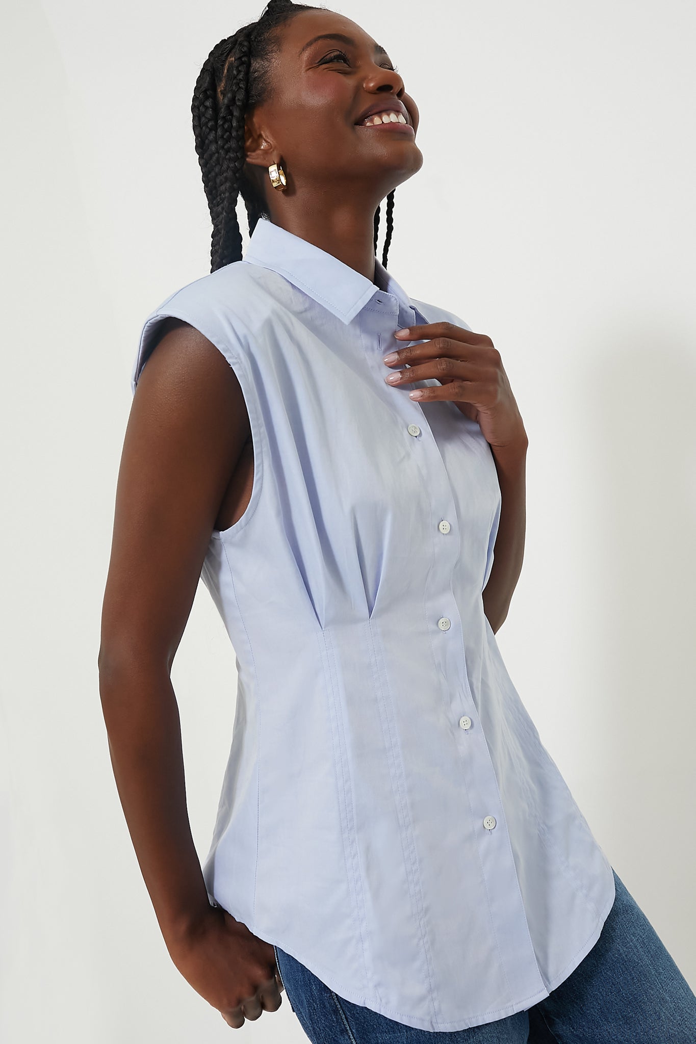 Blue Kendra Shirting Sleeveless Button Down Shirt for Women - Casual Summer Office Wear & Layering Essential