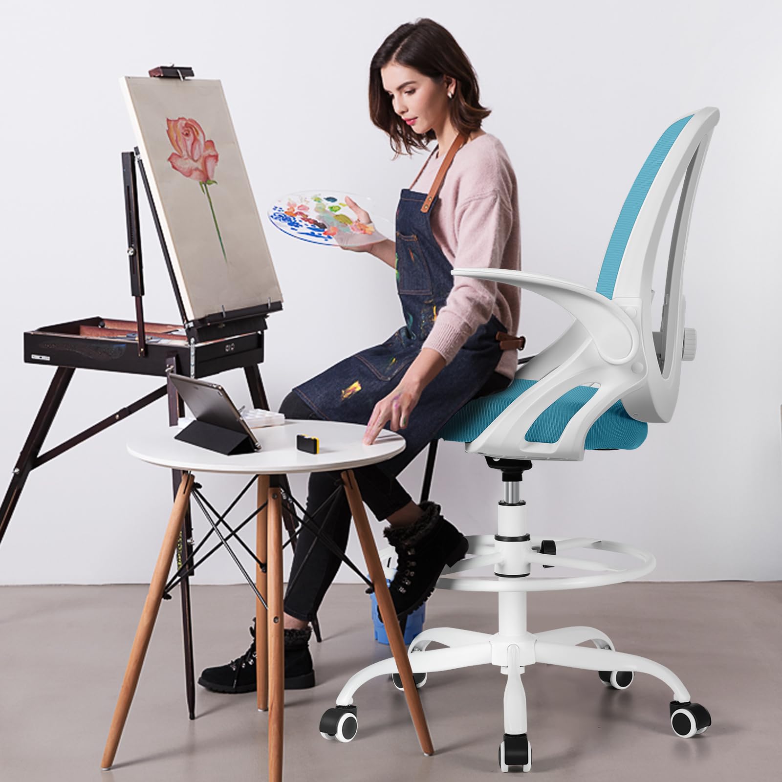 Razzor Ergonomic Drafting Chair - Adjustable Height Office Stool with Lumbar Support, Flip-Up Armrests & Footrest Ring - Blue - Perfect for Architects, Designers & Standing Desk Workstations