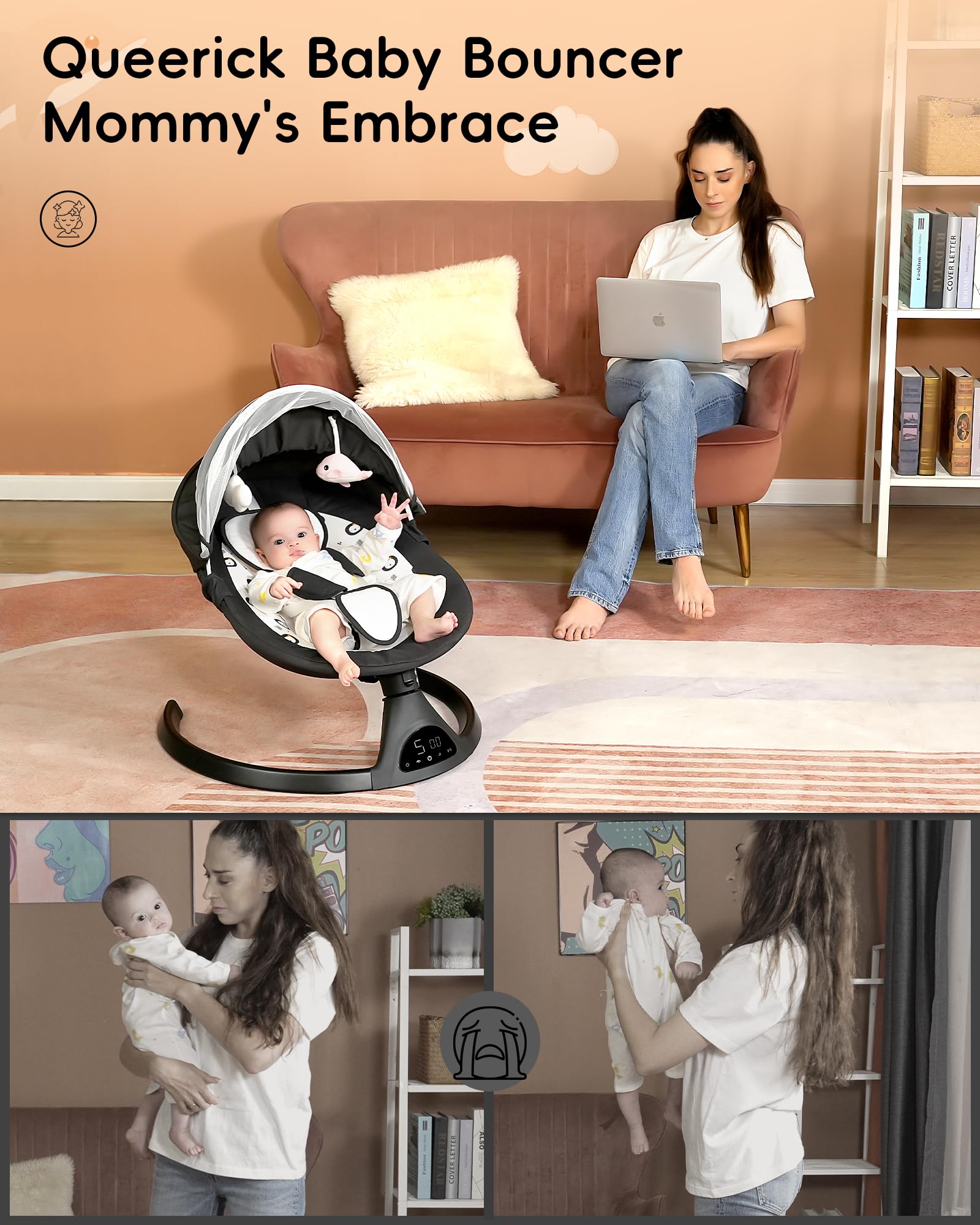 Electric Baby Swing for Infants & Toddlers - Portable Infant Swing with 5 Speed Settings, Bluetooth Speaker, Touch Screen & 10 Lullabies - 5-Point Safety Harness - Perfect for Nursery, Bedtime & Travel Use