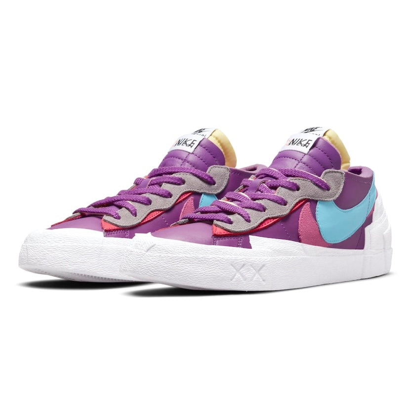 KAWS x Nike x Sacai Blazer Low Sneakers - Purple Dusk, Lagoon & Pulse White Colorway | Limited Edition Collab Shoes for Streetwear & Sneaker Collectors