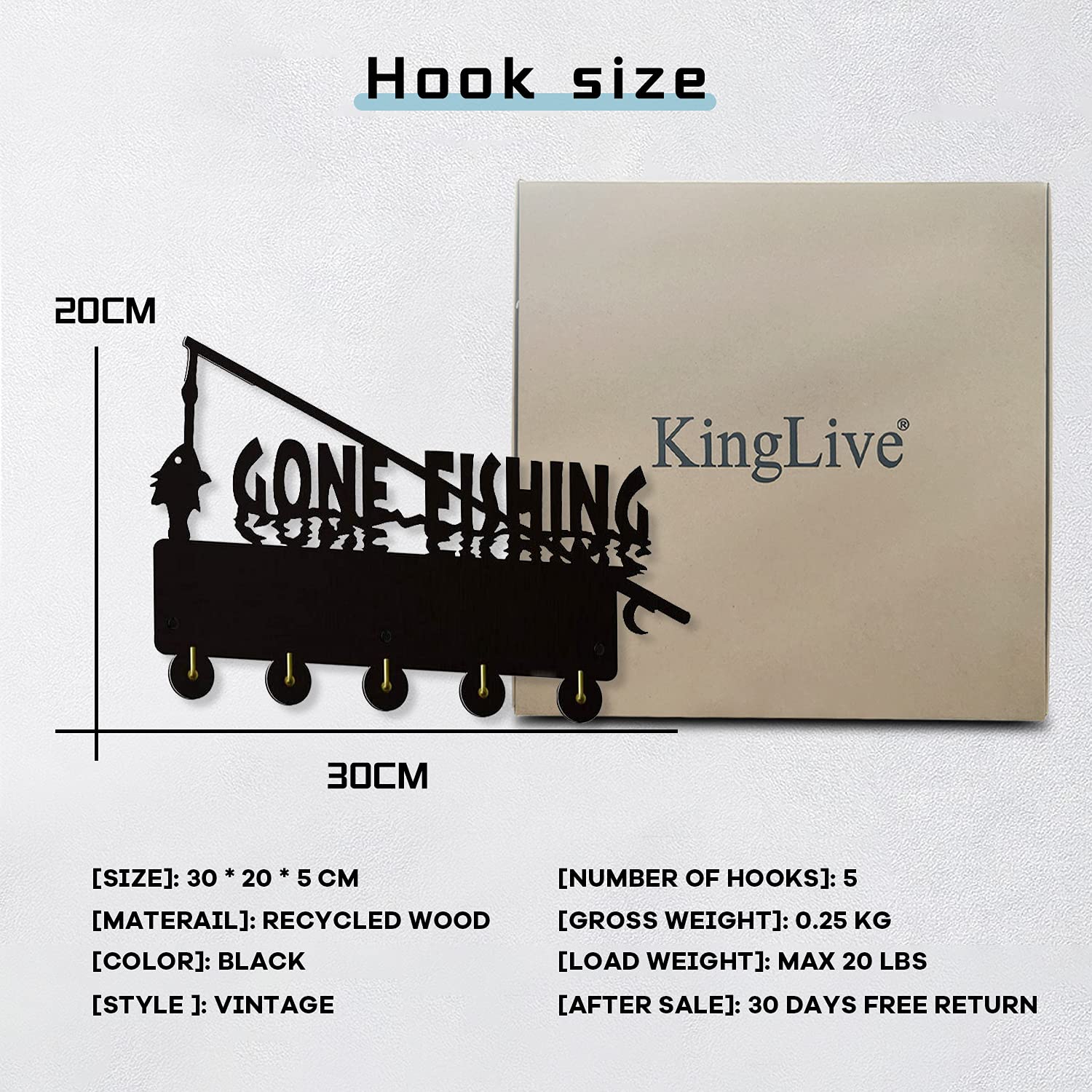 KingLive Wooden Wall Key Holder with 5 Metal Hooks - Black Fishing-Themed Key Organizer for Home & Office | Perfect Gift for Fishing Enthusiasts | Ideal for Entryway, Mudroom, or Cabin Decor
