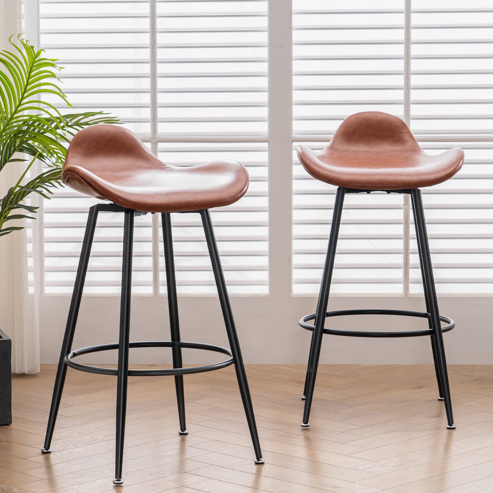 YOUDENOVA 360° Swivel Bar Stools Set of 2 - 26 Inch Counter Height Bar Stools with Upholstered Faux Leather Seat Cushion & Footrest - Modern Kitchen Island, Living Room & Pub Bar Chairs - Brown - Perfect for Entertaining, Dining & Home Decor