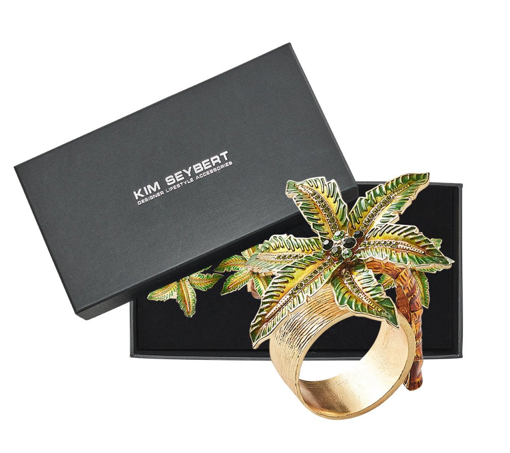 Elegant Green & Gold Palm Coast Napkin Rings Set of 4 - Perfect for Wedding, Holiday Dinner & Formal Table Setting - Gift Box Included