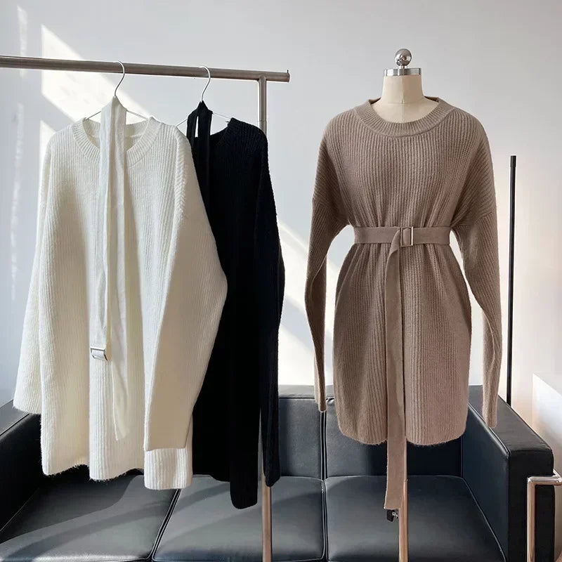 Women's Long Knit Sweater Dress - Oversized Winter Pullover with Belt, Korean Fashion, Thick O-Neck Design for Autumn & Winter | Perfect for Casual Outfits, Office Wear & Holiday Parties