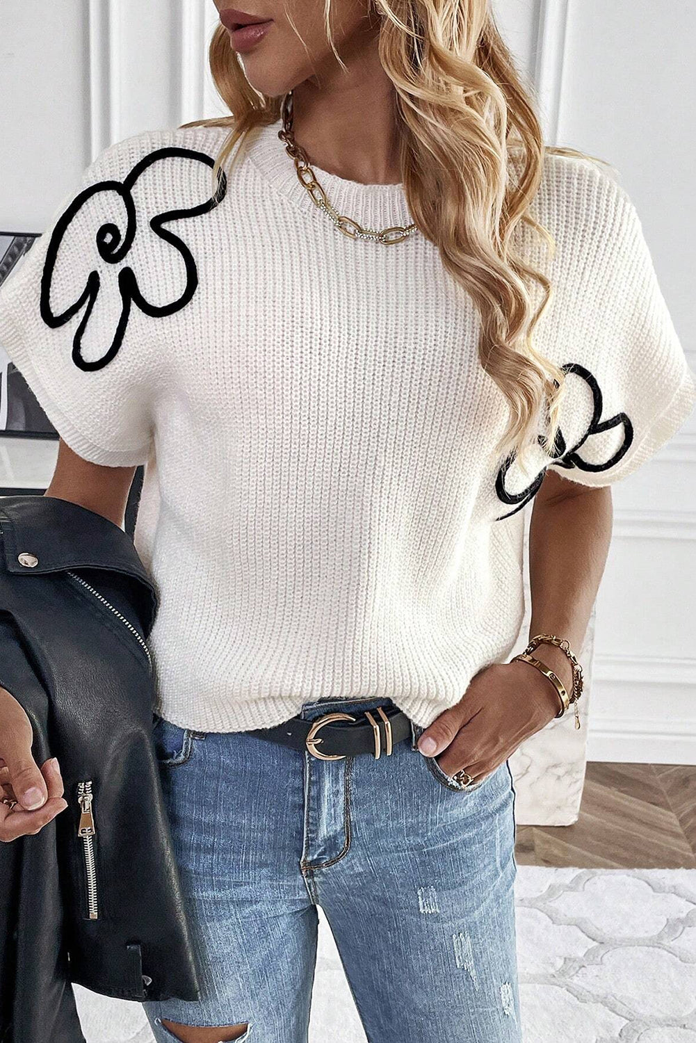 Floral Embroidered Short Sleeve Knit Sweater for Women - Spring & Summer Casual Wear, Office Outfits, and Date Night Fashion