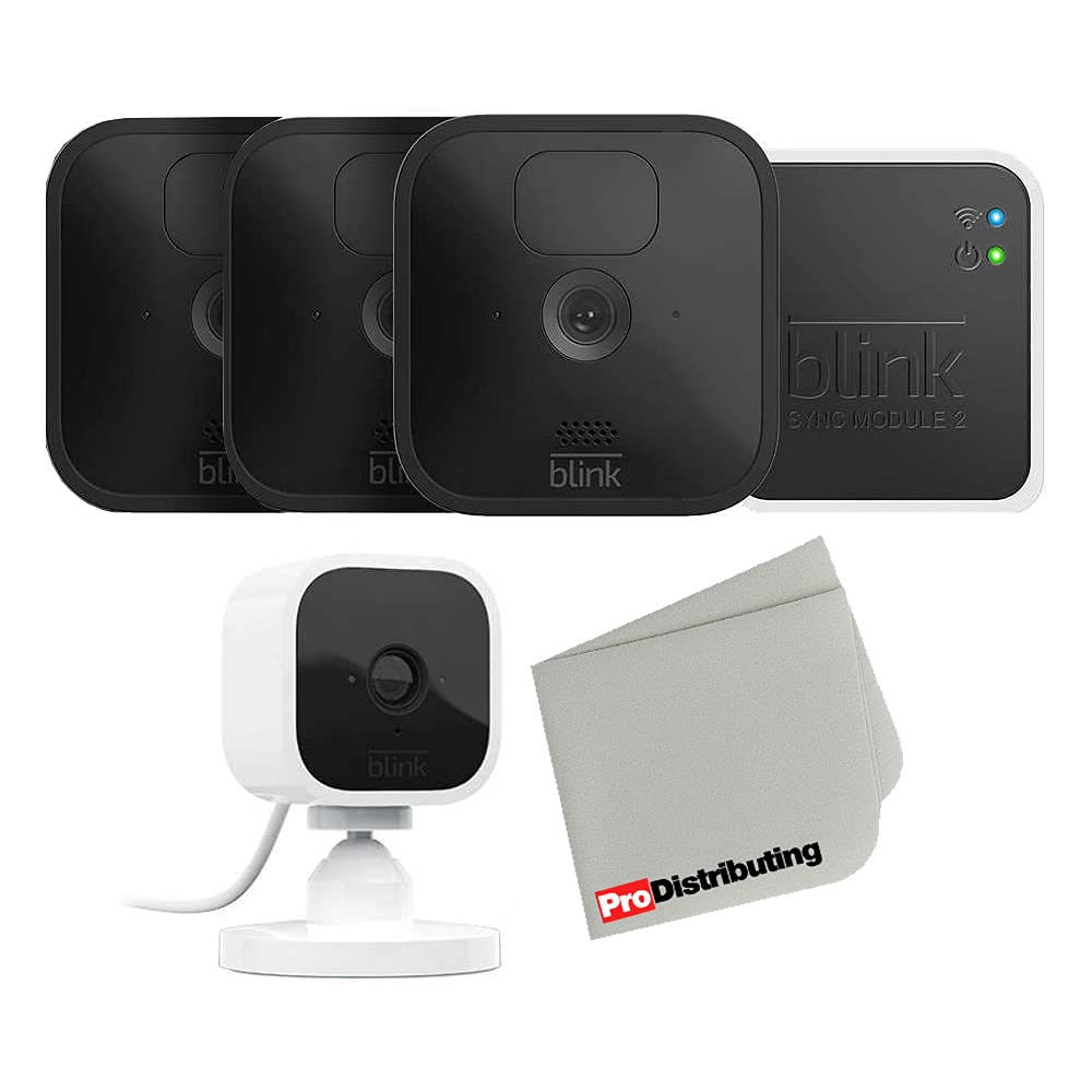 Outdoor Blink Wireless Security Camera with Indoor Mini Camera Bundle - 3 Pack Black HD Surveillance System with Night Vision, Motion Detection & Microfiber Cloth - Ideal for Home Security, Baby Monitoring & Pet Watching (5-Piece Set)