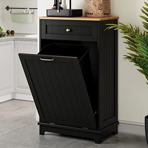 GAOMON Black Tilt Out Trash Cabinet - Pet Proof Kitchen Garbage Can with Drawer & Storage | Wooden Freestanding Trash Bin Holder for Kitchen, Bathroom, or Office Organization