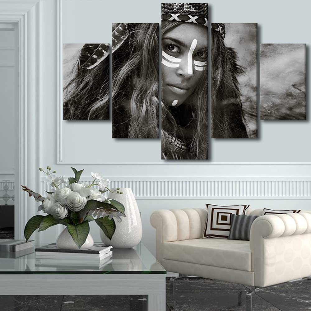 Black and White Native American Woman Hunter Wall Art - 5 Piece Canvas Prints Framed Ready to Hang (60