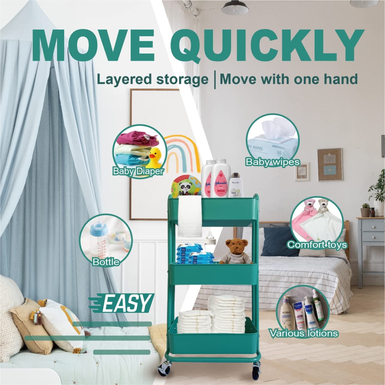 3-Tier Rolling Utility Cart with Wheels - Heavy Duty Metal Storage Organizer for Crafts, Classroom, Kitchen, Bathroom & Office - Perfect for Coffee Station, Makeup, Cleaning Supplies & Baby Items Organization