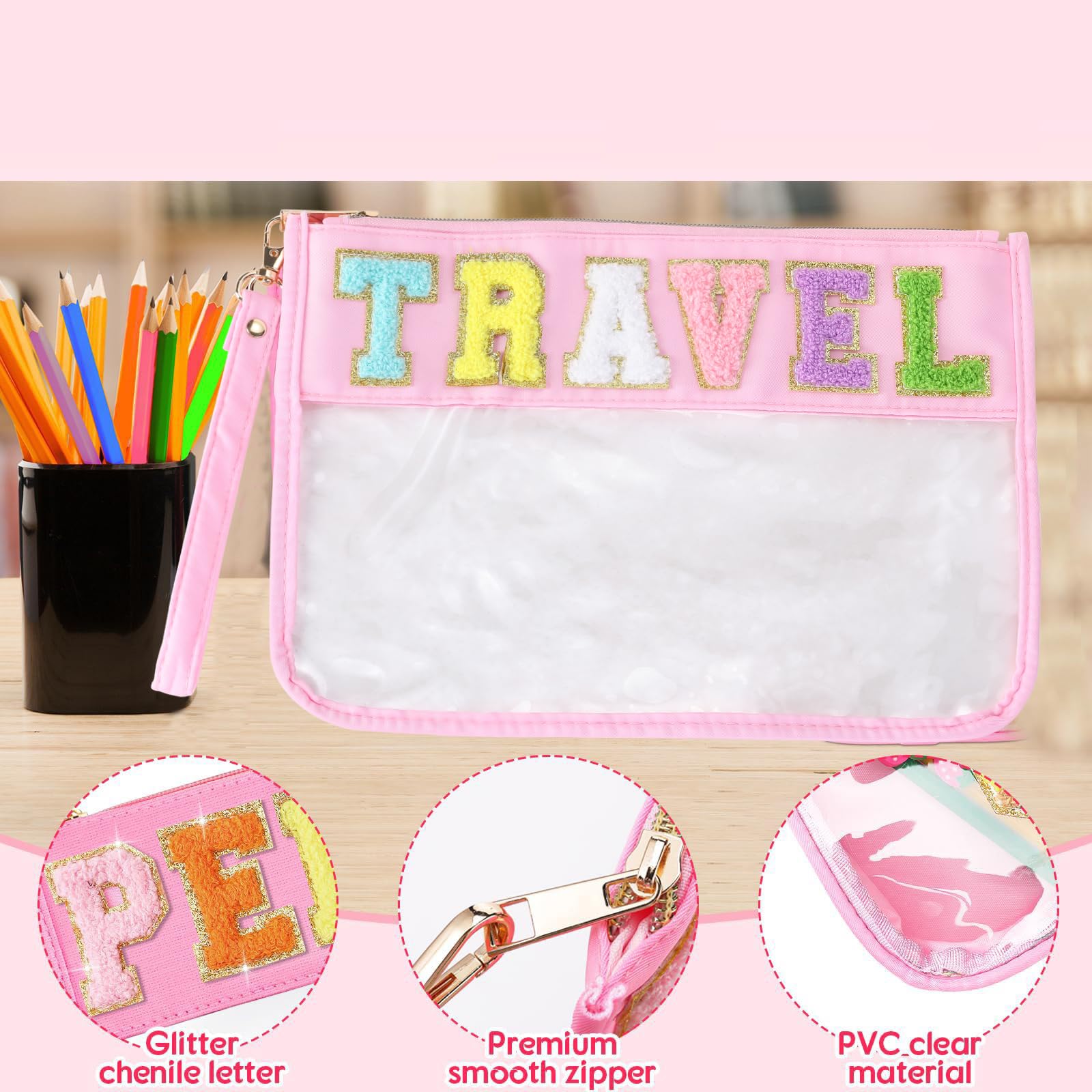 Waterproof Clear Zipper Toiletry Bag for Women - Travel Makeup Organizer & Snack Storage Pouch - Gym, Beach Essentials - Pink Travel Cosmetic Case (Perfect for Vacation, Camping & Daily Use)