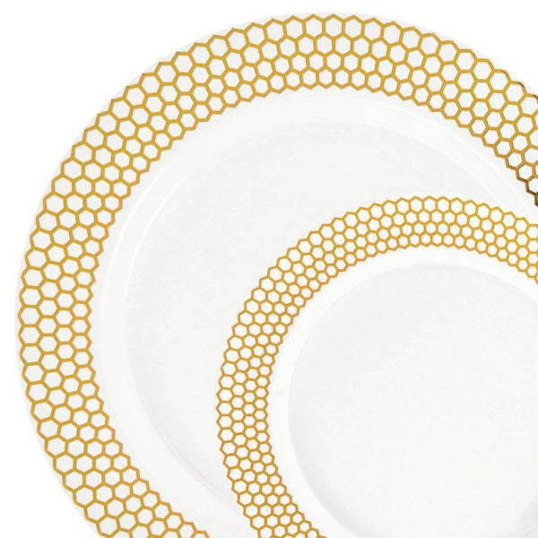 32-Piece White & Gold Round Plastic Dinnerware Set - Honeycomb Design for 16 Guests | Elegant Disposable Plates, Cups & Cutlery for Parties, Weddings & Outdoor Events