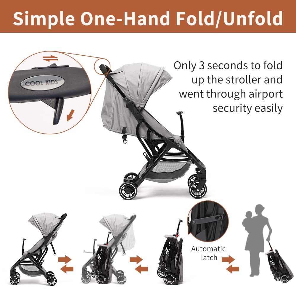 COOL KIDS Lightweight Automatic Fold Travel Stroller with Pop-Out Sun Canopy - Compact Umbrella Stroller for Toddlers (Gray) | Perfect for Airplane, Shopping & Daily Walks