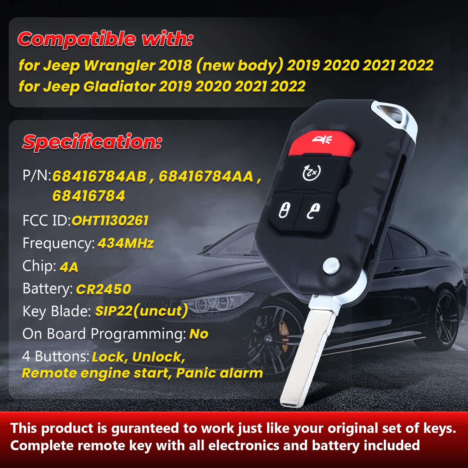 Jeep Wrangler & Gladiator Smart Key Fob Replacement (2018-2022 Models) - 3+1 Buttons Flip Remote with FCC ID OHT1130261 | P/N 68416784AB/AA | Perfect for Keyless Entry, Locking & Unlocking Your SUV | Durable & Weatherproof Design for Outdoor Adventures