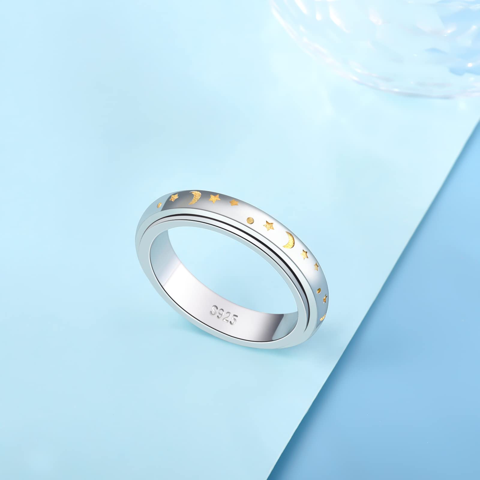 BEILIN Sterling Silver Spinner Rings for Women - Moon & Star Design Fidget Ring for Anxiety Relief & Stress Reduction - Perfect for Office, Travel & Daily Wear