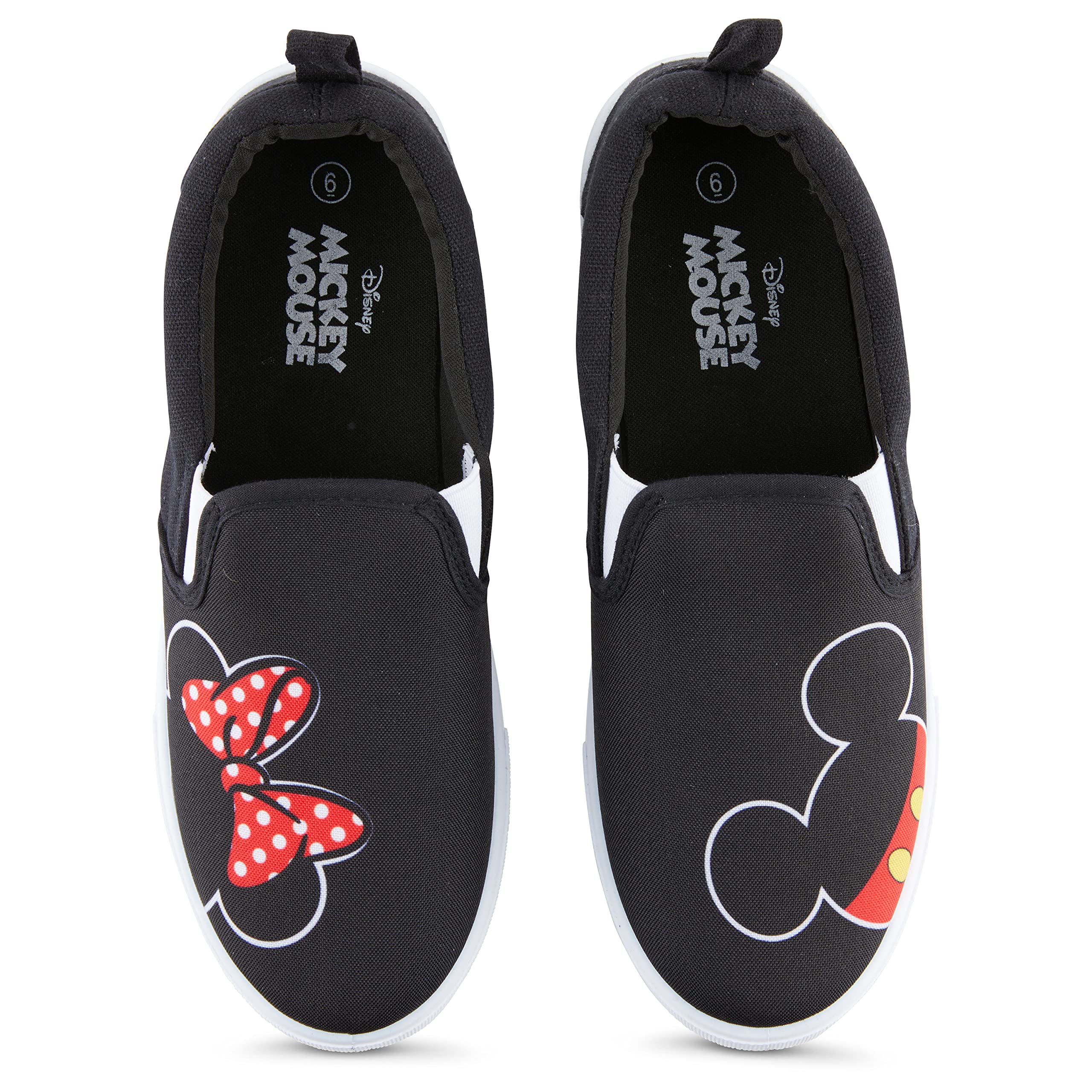 Disney Women's Mickey and Minnie Mouse Slip-On Canvas Sneakers - Classic Cartoon Character Shoes for Casual Wear, Theme Parks & Disney Fans