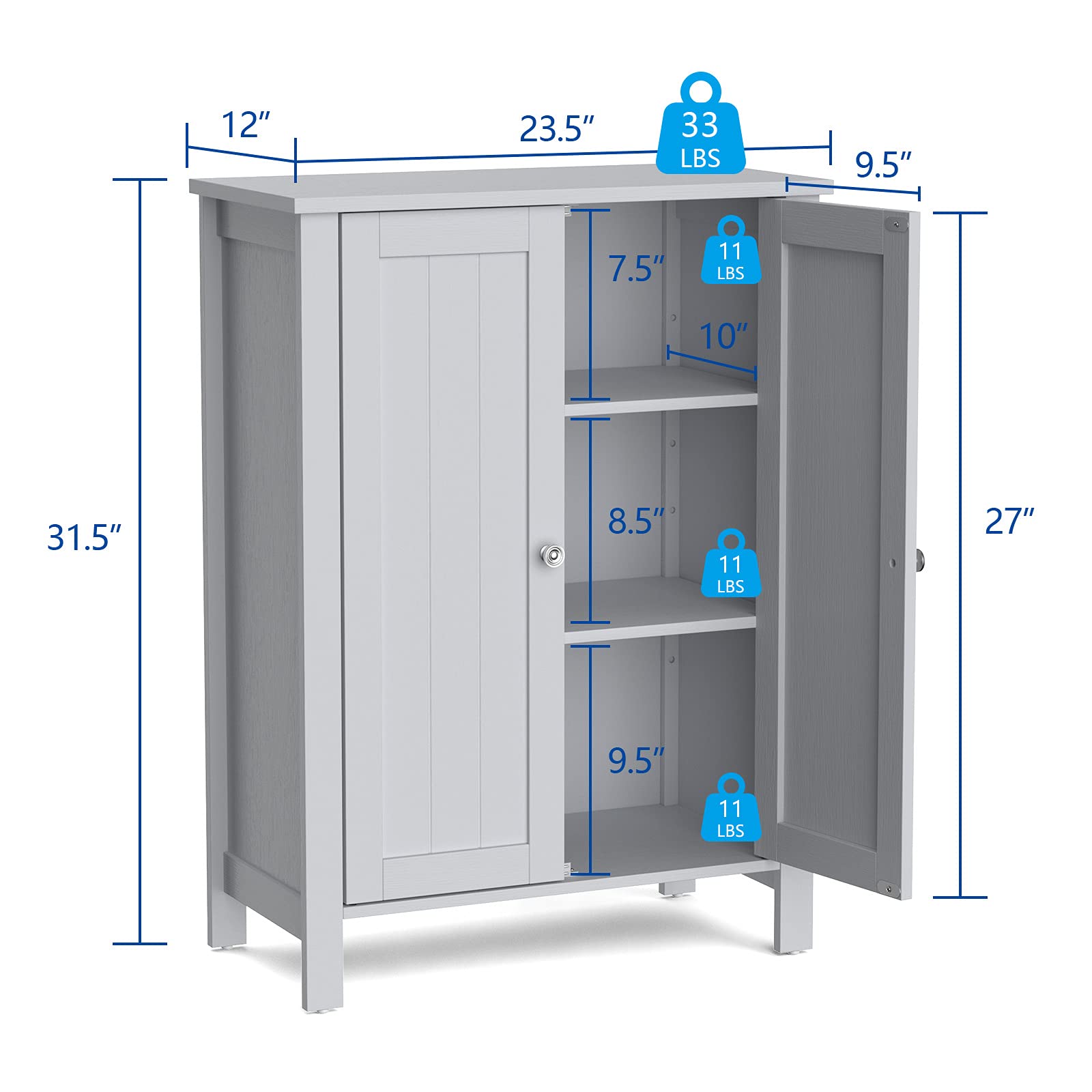 GOFLAME 3-Tier Adjustable Bathroom Storage Cabinet with Double Doors - Freestanding Wooden Organizer for Bathroom, Living Room & Kitchen - Grey | Space-Saving Home Storage Solution for Towels, Toiletries & Cleaning Supplies