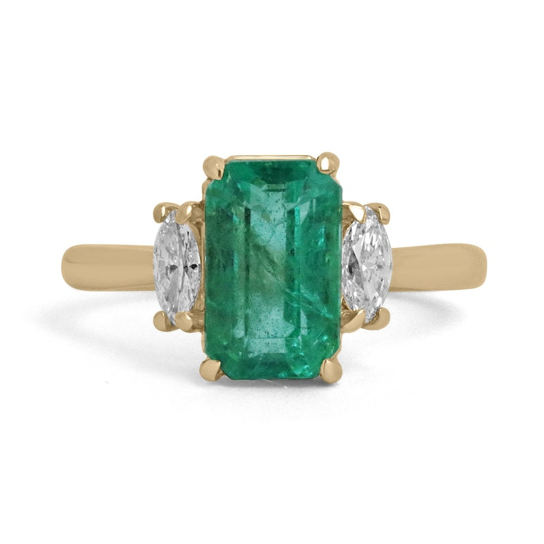4.85tcw 14K Gold Bluish Green Emerald & Marquise Cut Diamond Three Stone Engagement Ring for Women - Perfect for Proposals, Anniversaries, and Special Occasions