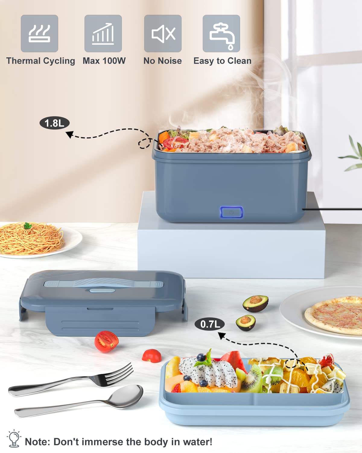 Monteka 100W Electric Lunch Box Food Warmer - Portable Heated Lunch Container for Adults with 1.8L Removable Stainless Steel Inner Pot (12V/24V/110V/220V) - Perfect for Office, Car, Travel & Home Use - Blue