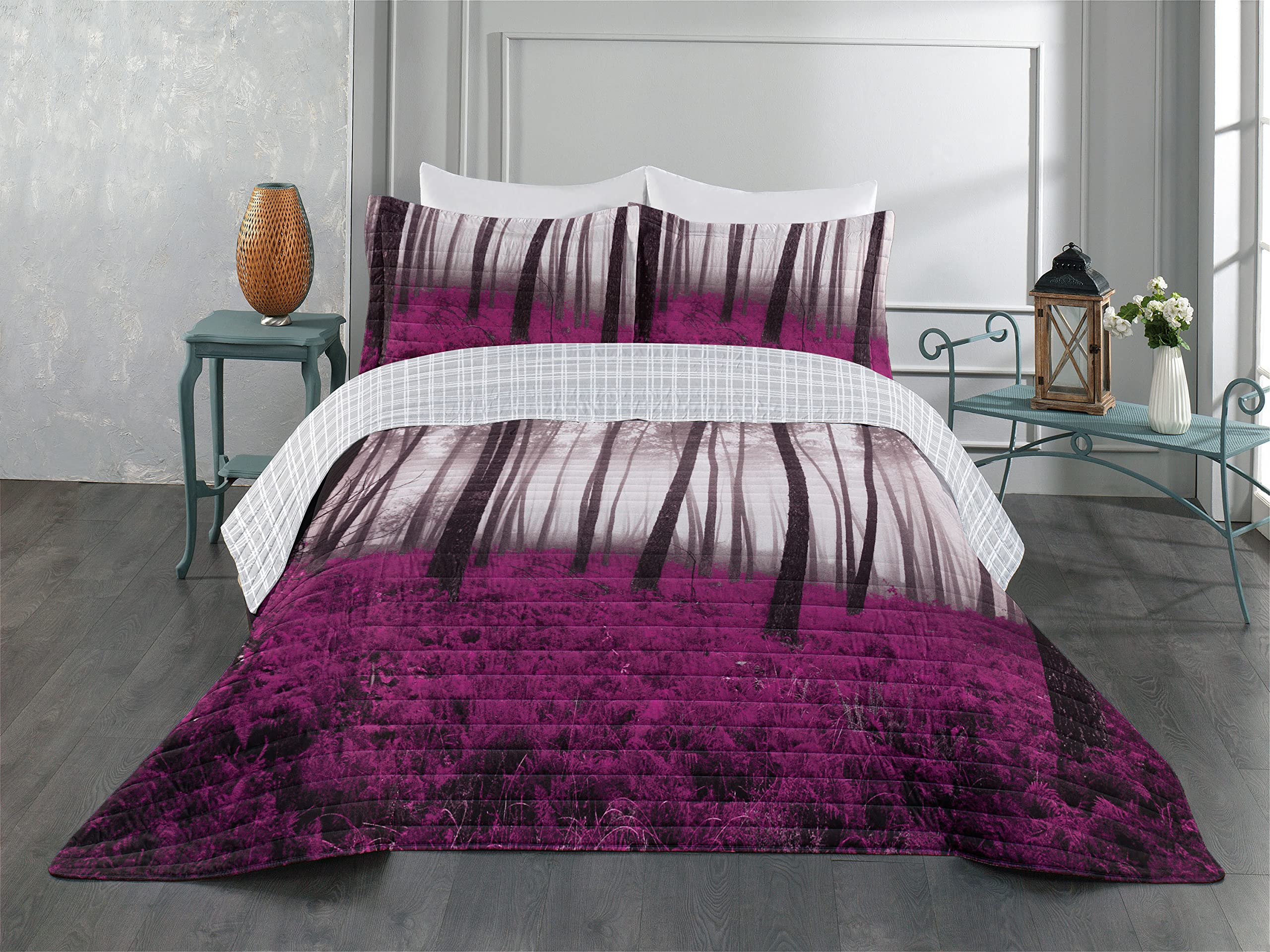 Ambesonne Reversible Queen Size Bedspread Set - Fantasy Woodland Foggy Forest Design with Tall Trees & Bushes in Purple Grey Fuchsia | Microfiber Comforter & Pillow Shams | Perfect for Cozy Bedroom Decor & Nature-Themed Home Styling