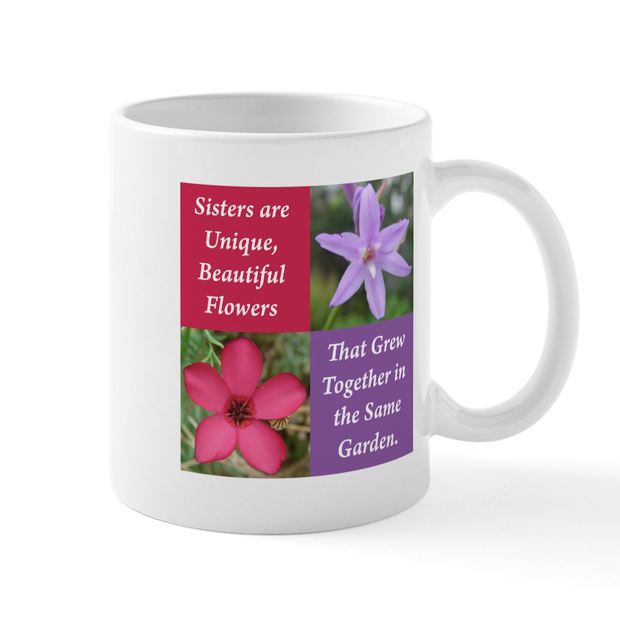 Sisters Coffee Mug - 11 oz (325 ml) Ceramic Cup with Two Flowers Design - Perfect for Sibling Gifts, Birthday Presents & Family Tea Time