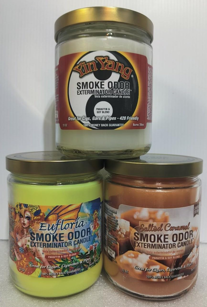 Yin Yang Smoke Odor Eliminator Candle - 13oz Jar (3-Pack) with Eufloria & Salted Caramel Scents | Home, Office & Meditation Space Air Freshener