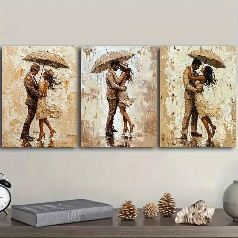 3-Piece Couple Walking in the Rain Metal Wall Art - Ready to Hang Romantic Home Decor for Living Room, Bedroom & Office