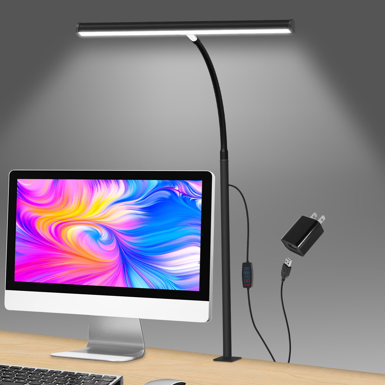 LED Desk Lamp with Clamp - Adjustable Gooseneck Eye-Caring Light for Home Office, 3 Modes & 10 Brightness Levels - Perfect for Studying, Reading, and Working