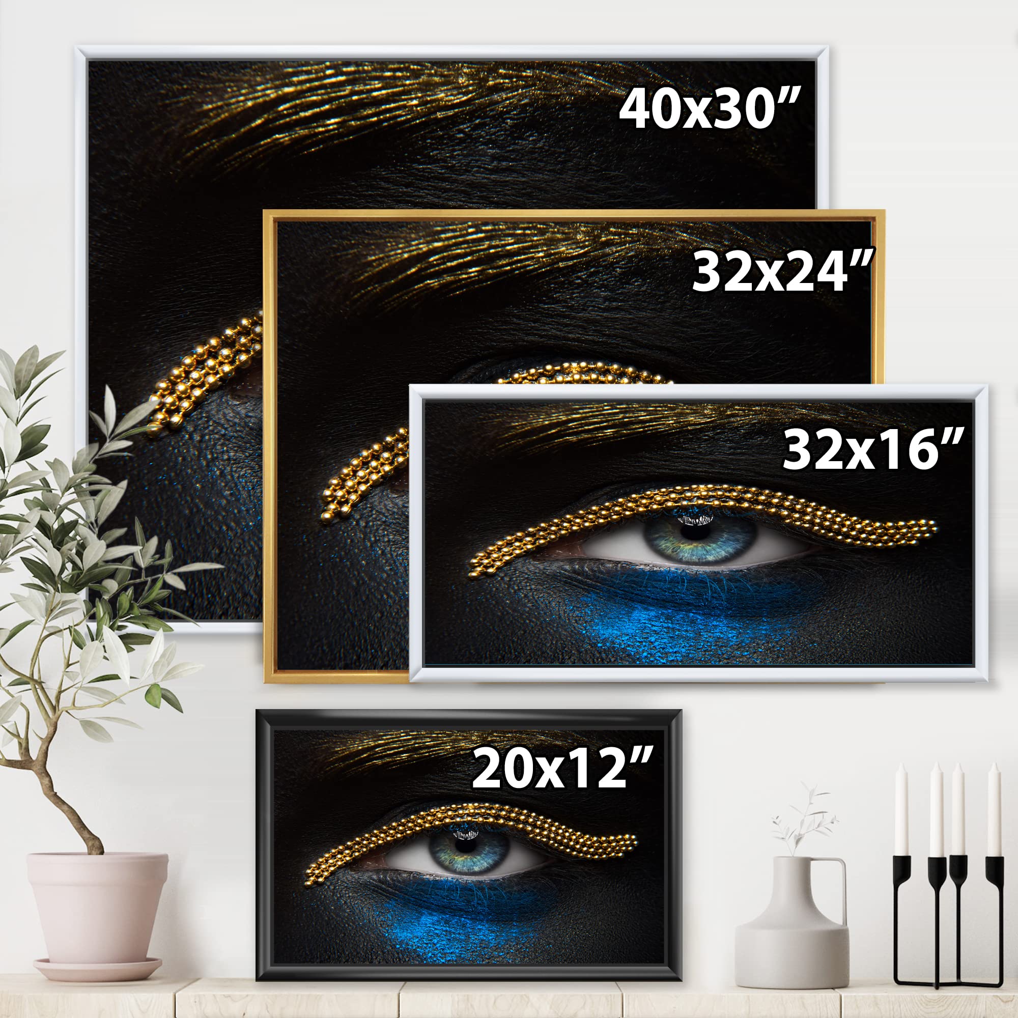 Gold Chain & Blue Pigment Modern Framed Canvas Wall Art Print - Elegant Woman Eyes Painting for Living Room, Bedroom & Office Decor