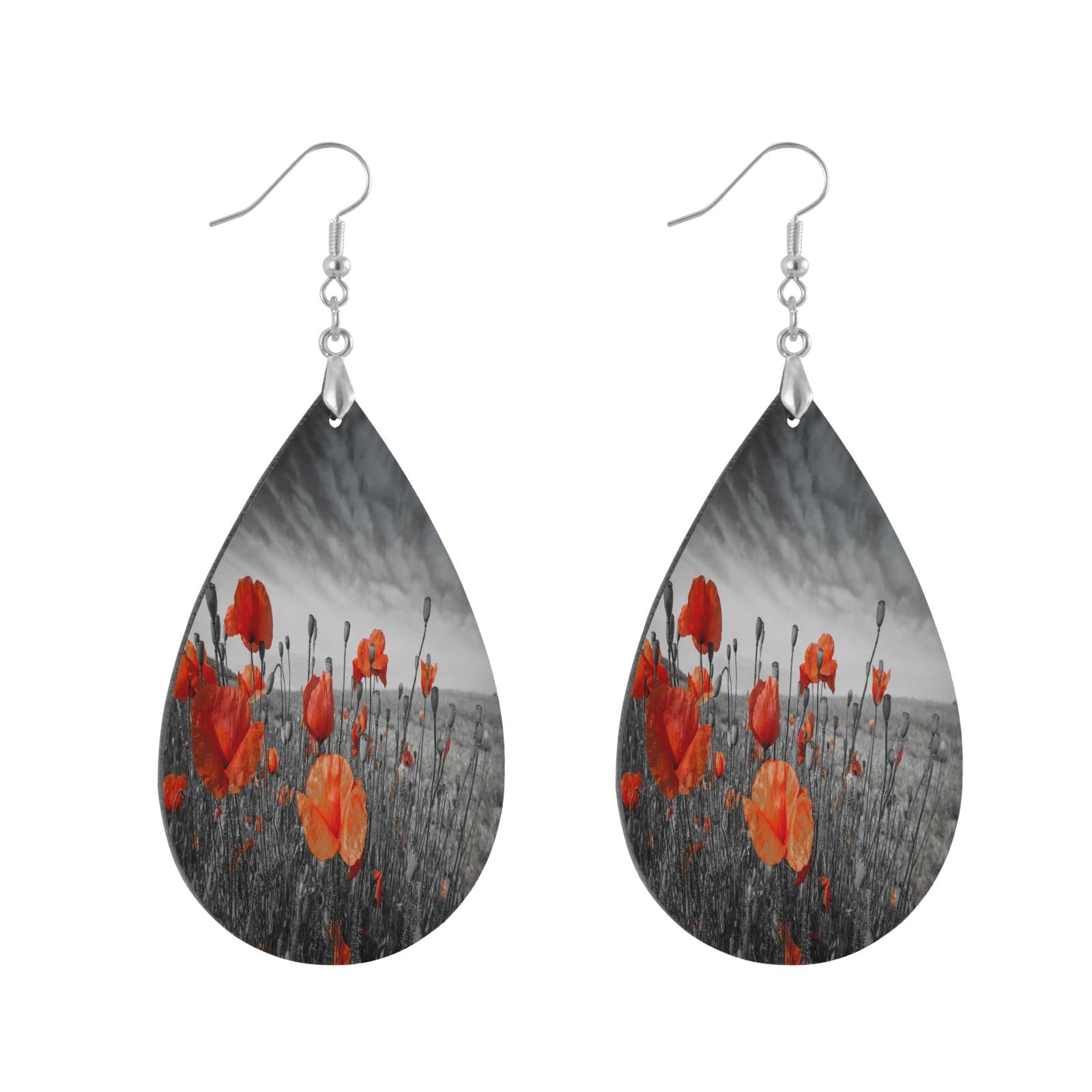 Poppy Flower Teardrop Earrings - Hand-Painted Wooden Dangle Earrings for Women | Lightweight Statement Jewelry Gift | Perfect for Weddings, Parties & Everyday Wear