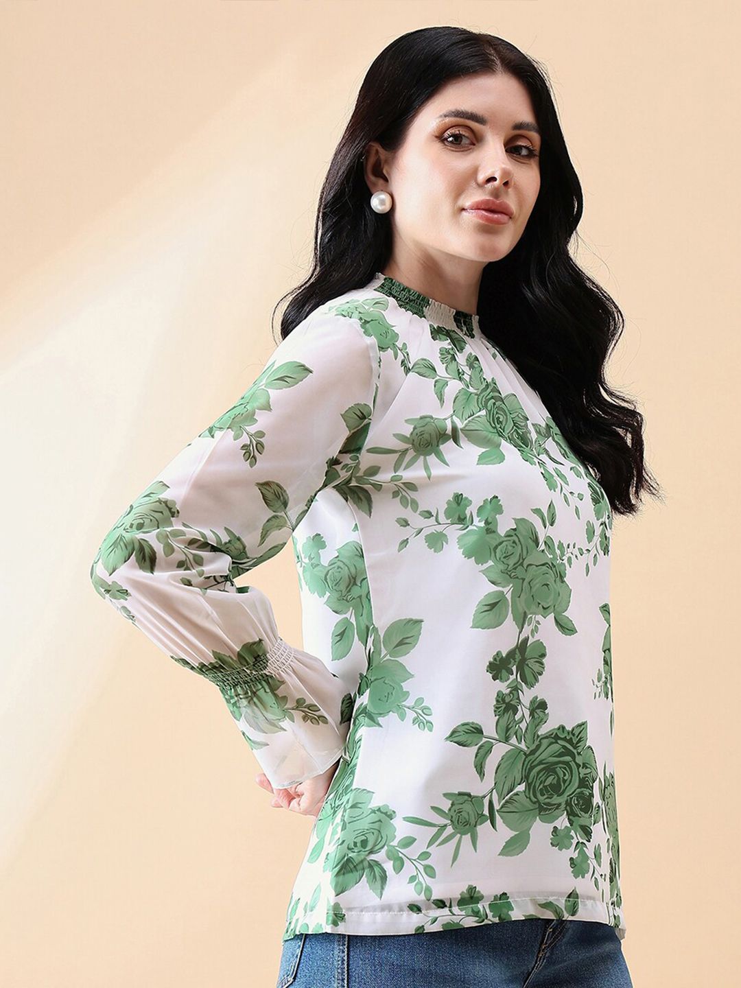 Ban Neck Georgette Floral Blouse - Green & White Flowy Women's Top for Casual Wear, Office Outfits & Spring Fashion