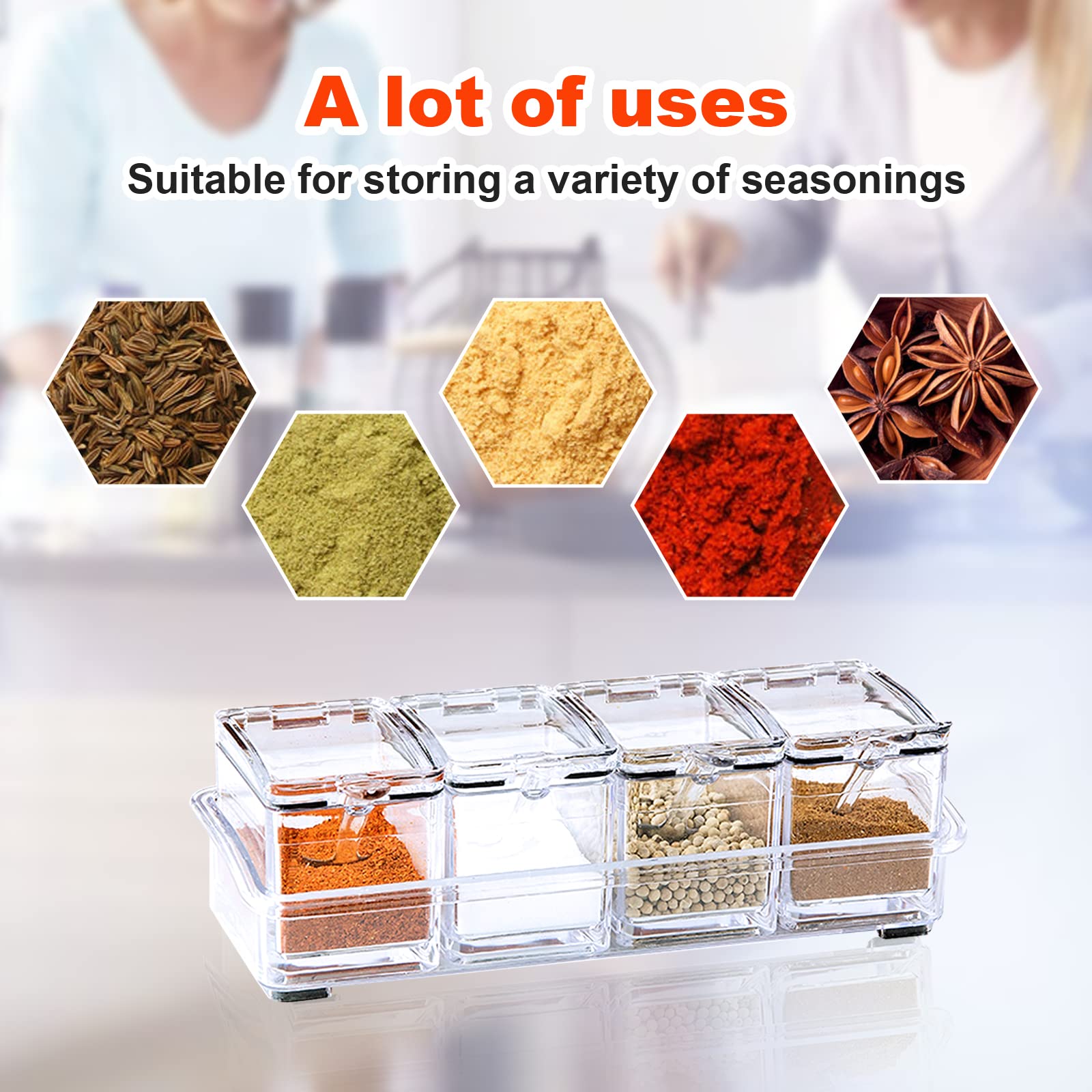 ZGWJ 4-Piece Clear Acrylic Kitchen Spice Jars with Lids & Spoons - Airtight Seasoning Storage Containers for Salt, Sugar, Spices - Perfect for Pantry Organization & Cooking Essentials