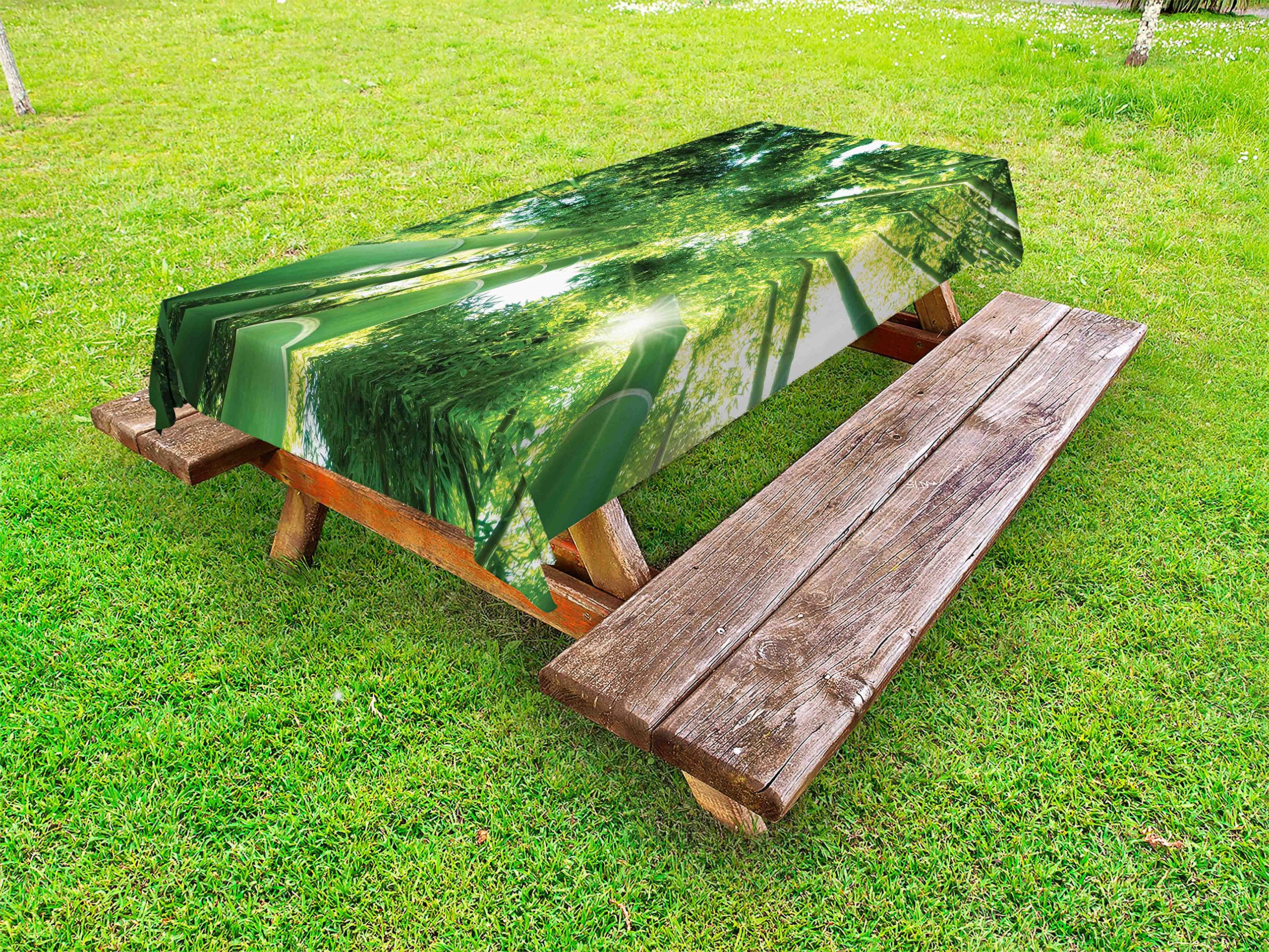 Lunarable Bamboo Outdoor Tablecloth - Washable Picnic Table Cover 58x104 Inches, Green Jungle Meditation Spa Theme with Bamboo Tree Tops Design for Patio, Garden, and Outdoor Dining
