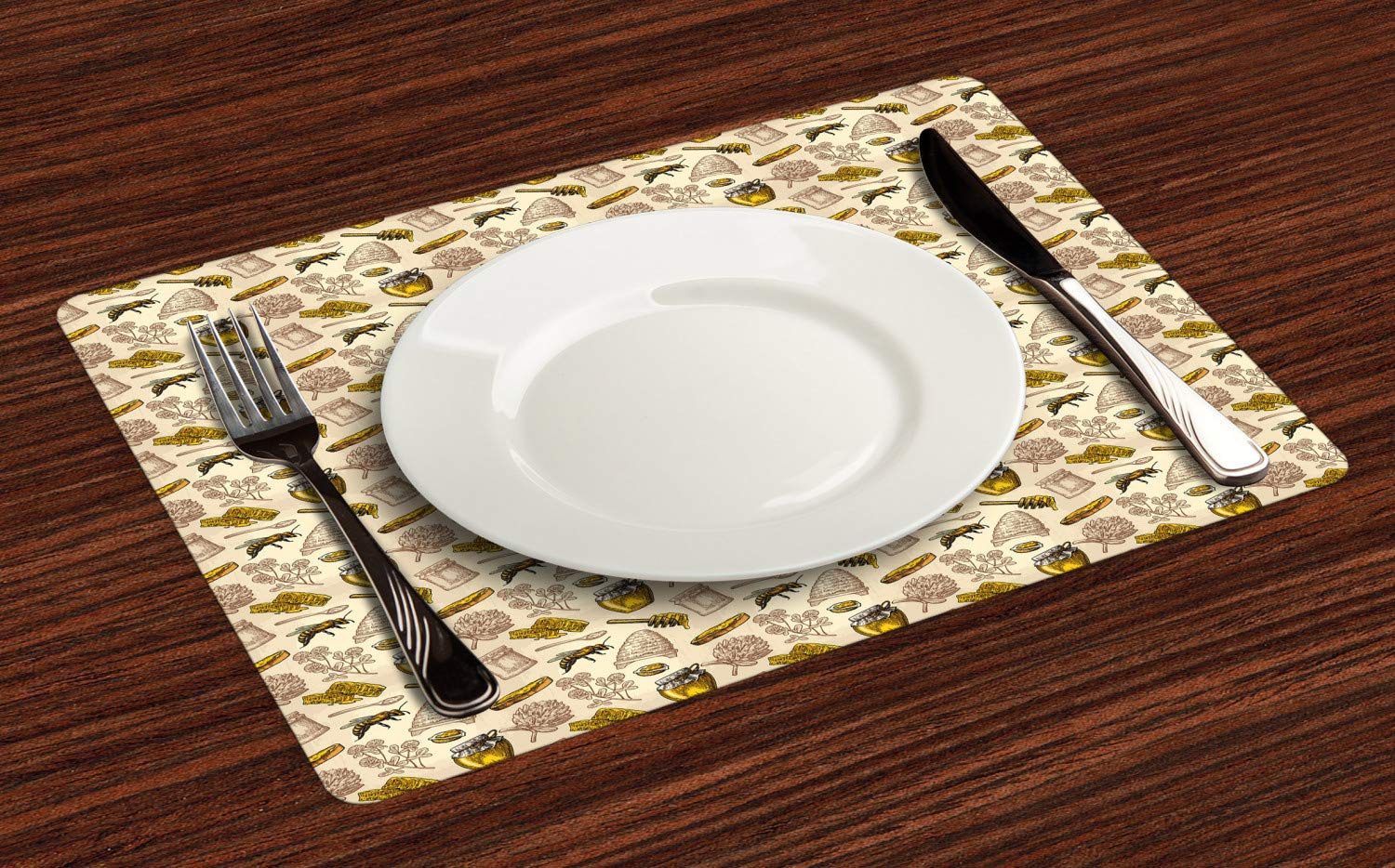 Lunarable Honeycomb Place Mats Set of 4 - Bee Themed Dining Table Mats with Hive & Clover Design, Washable Fabric Placemats for Kitchen & Dining Room, Standard Size (Beige & Earth Yellow) - Perfect for Family Dinners, Brunch, and Home Decor