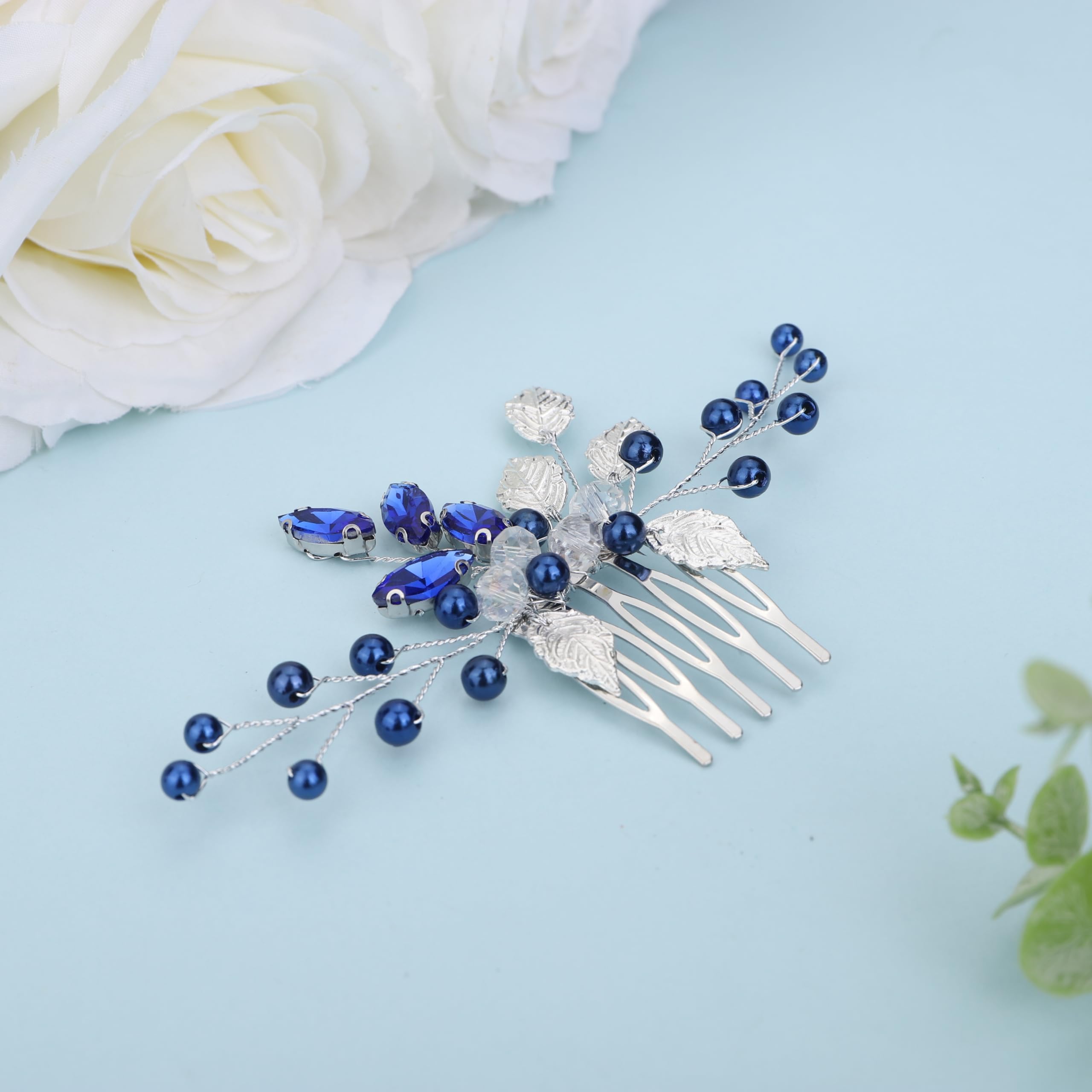 BERYUAN Silver Bridal Hair Comb with Blue Rhinestones & Crystal Leaves – Elegant Wedding Headpiece for Women & Girls | Perfect for Bridal, Prom, and Special Occasions