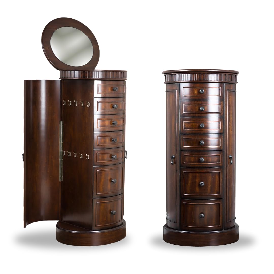 Bailey Oval Jewelry Armoire with Mirror & Drawers - Walnut Jewelry Storage for Necklaces, Earrings & Bracelets - Bedroom & Closet Organizer