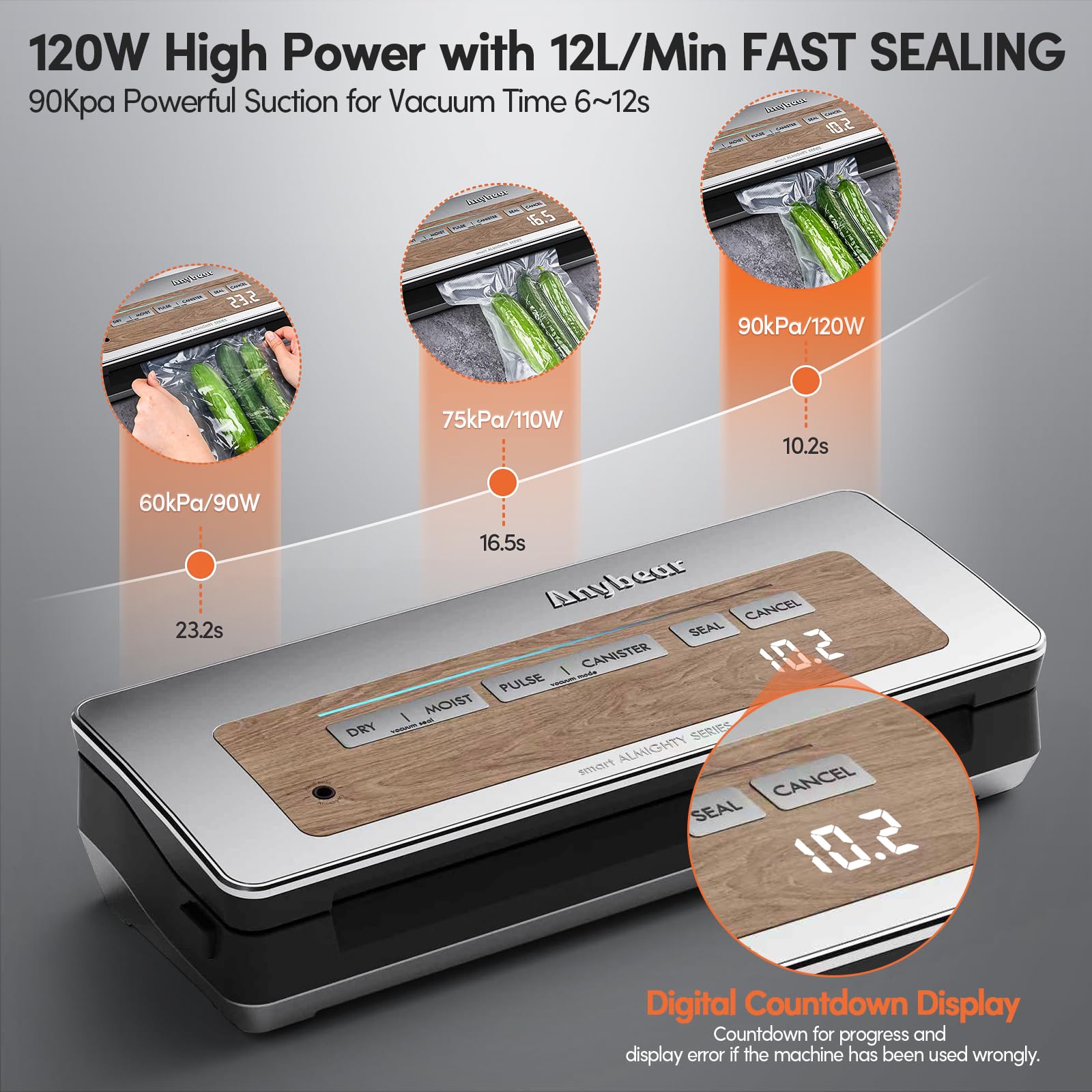 Powerful 120W Vacuum Sealer Machine with 90kPa Wide Seal - All-in-One Food Storage Solution | Built-in Cutter, Digital Countdown Display | Includes 2 Bag Rolls & 5 Pre-cut Bags (Silver Wood Grain) | Perfect for Meal Prep, Sous Vide, Freezer Storage & Long-Term Food Preservation