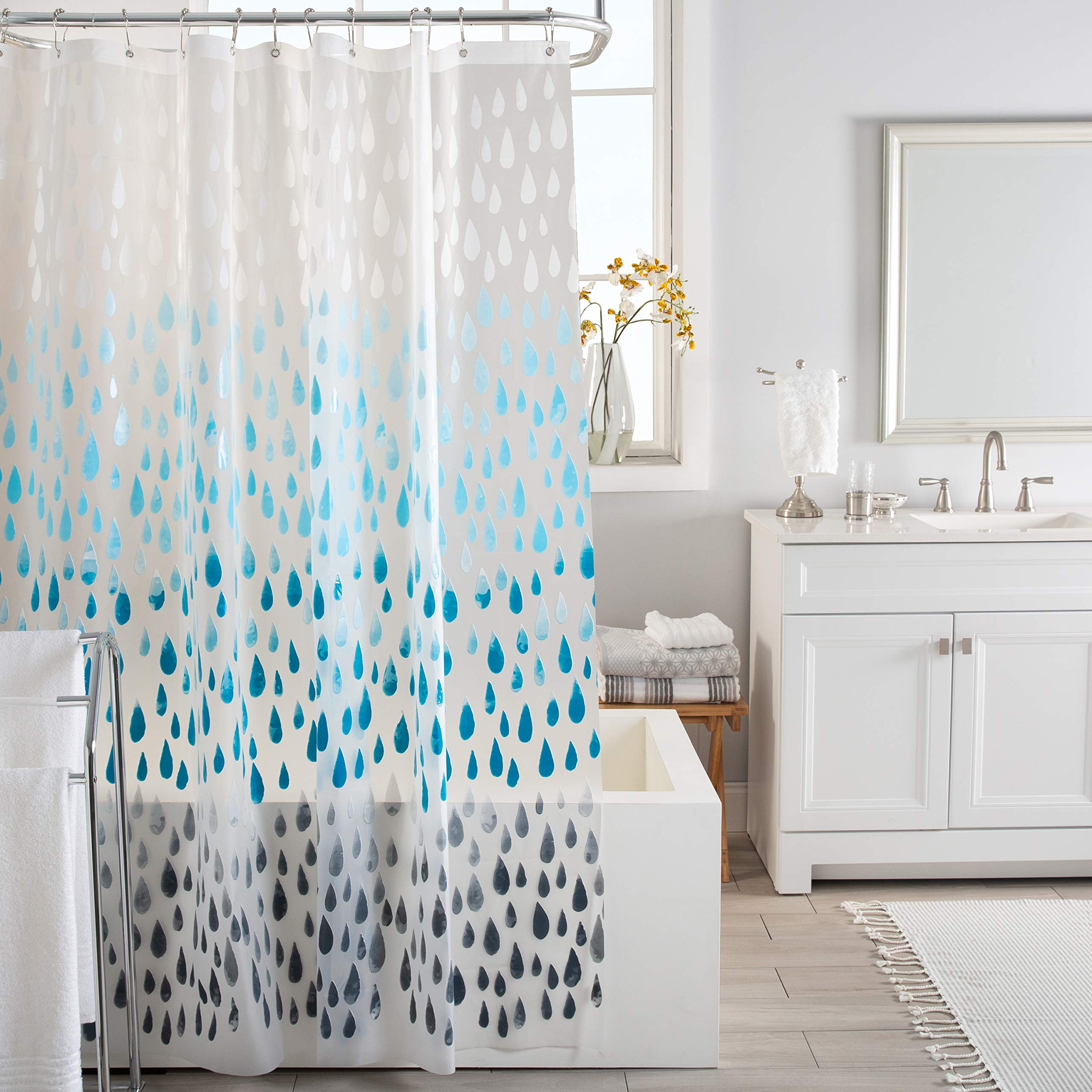 PEVA Shower Curtain 70x72 Inches with 12 Metal Grommets - Waterproof Bathroom Decor in Ombre Raindrop Blue - Perfect for Modern Bathrooms & Spa-Like Showers