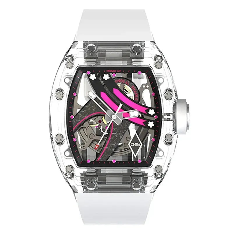 CRONUSART Men's Automatic Watch 50mm Luxury Tonneau Mechanical Wristwatch - Acrylic Case, Luminous Fluororubber Strap - Perfect for Business, Casual & Formal Occasions