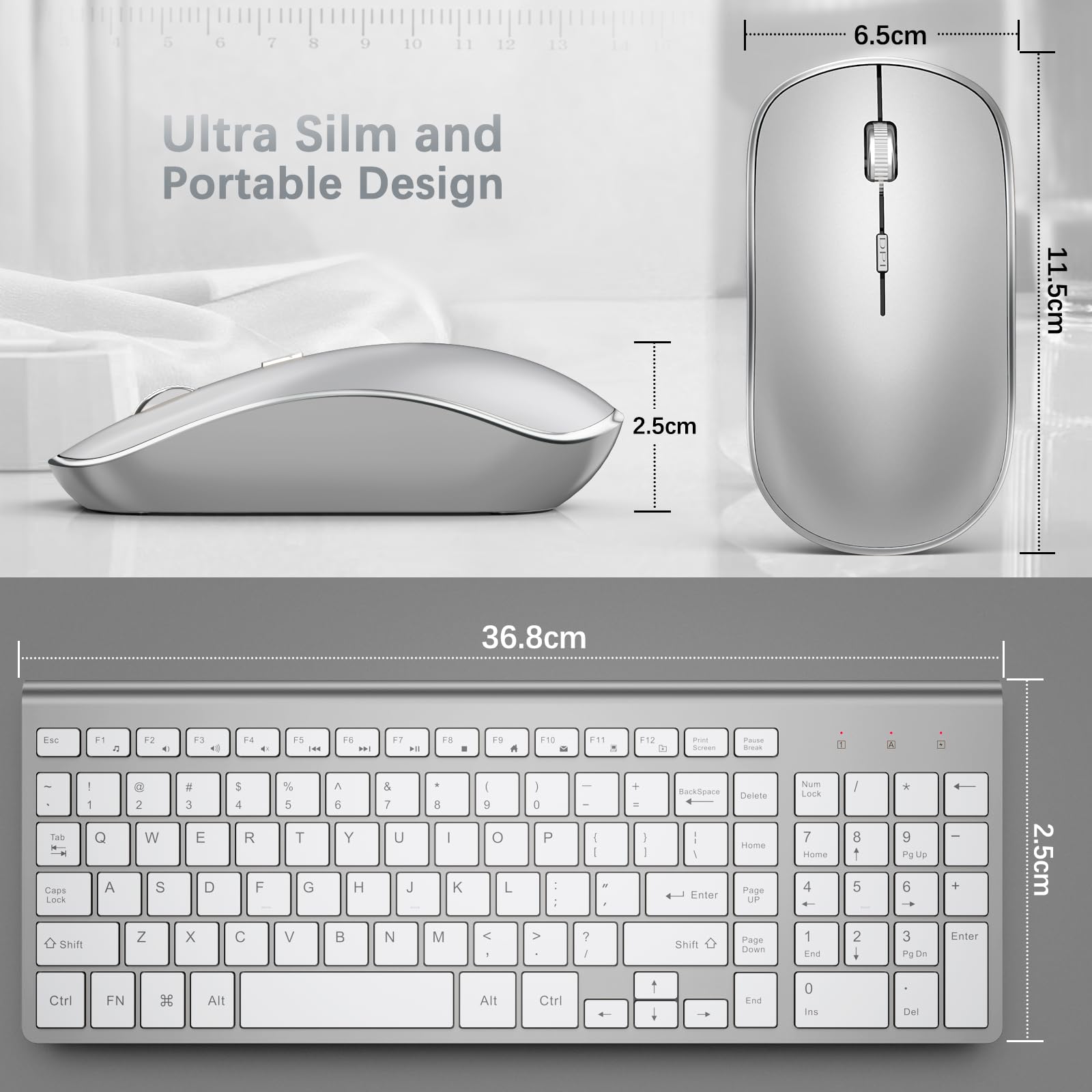 J JOYACCESS 2.4G Wireless Keyboard and Mouse Combo with Numeric Keypad - Quiet Clicks, Ergonomic Design for Laptop, Desktop, Tablet & Mac (Silver White) - Perfect for Office Work, Gaming & Home Computing