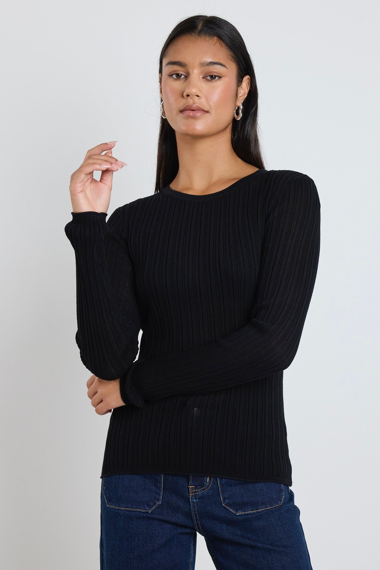 Fragment Black Sheer Long Sleeve Knit Top for Women - Elegant Lace Detail Casual Wear for Date Night & Evening Outfits