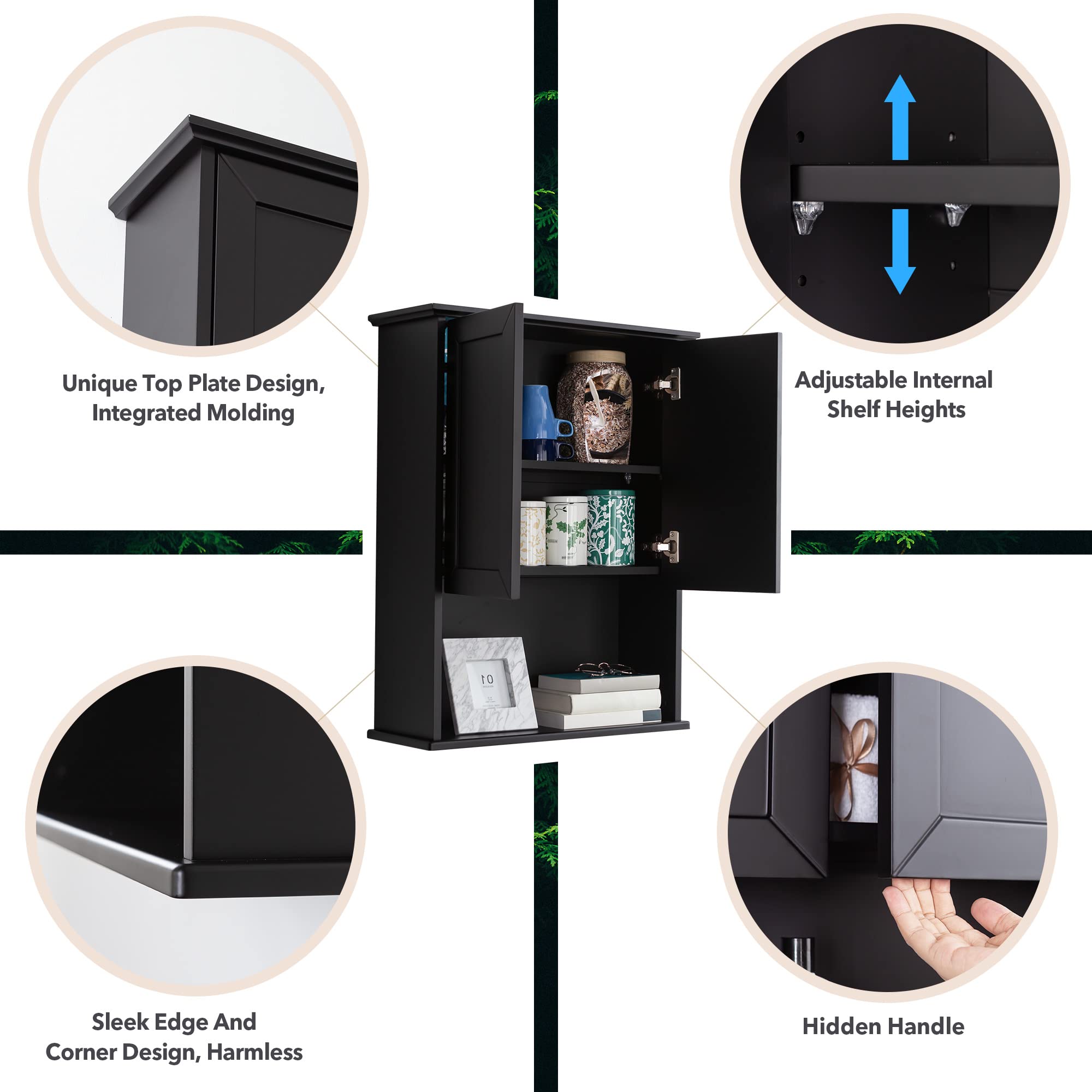 Black Wall Mounted Wood Medicine Cabinet for Bathroom - Over Toilet Storage with 2 Doors, Adjustable Shelf & Soft Hinge - Perfect for Small Bathroom Organization & Space Saving Storage