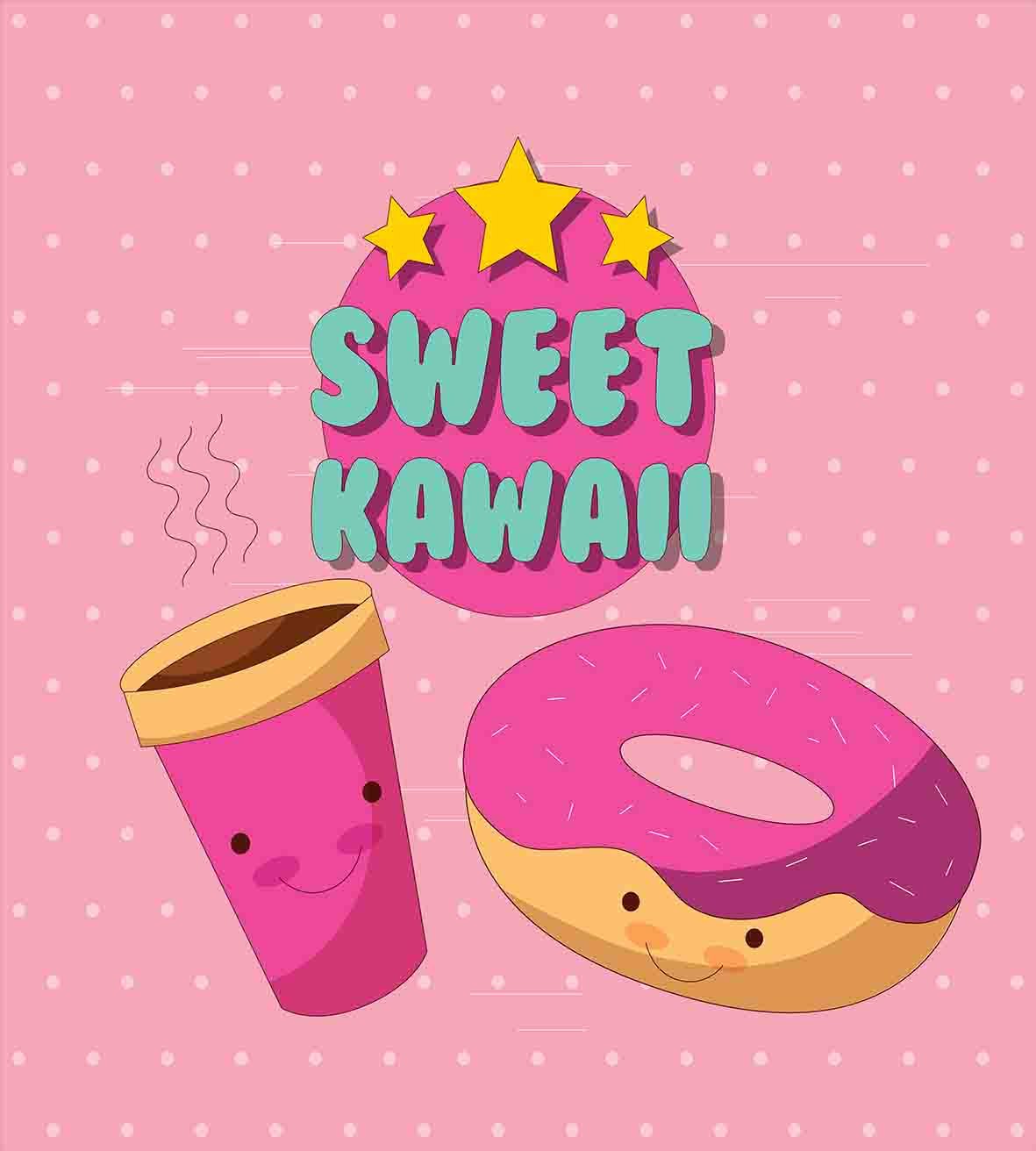 Ambesonne Anime Duvet Cover Set - Kawaii Donut & Coffee Cartoon Characters on Pink Background, 3-Piece Queen Size Bedding Set with 2 Pillow Shams | Cute Japanese-Themed Decor for Teen Girls' Room, Dorm, or Anime Lover's Bedroom