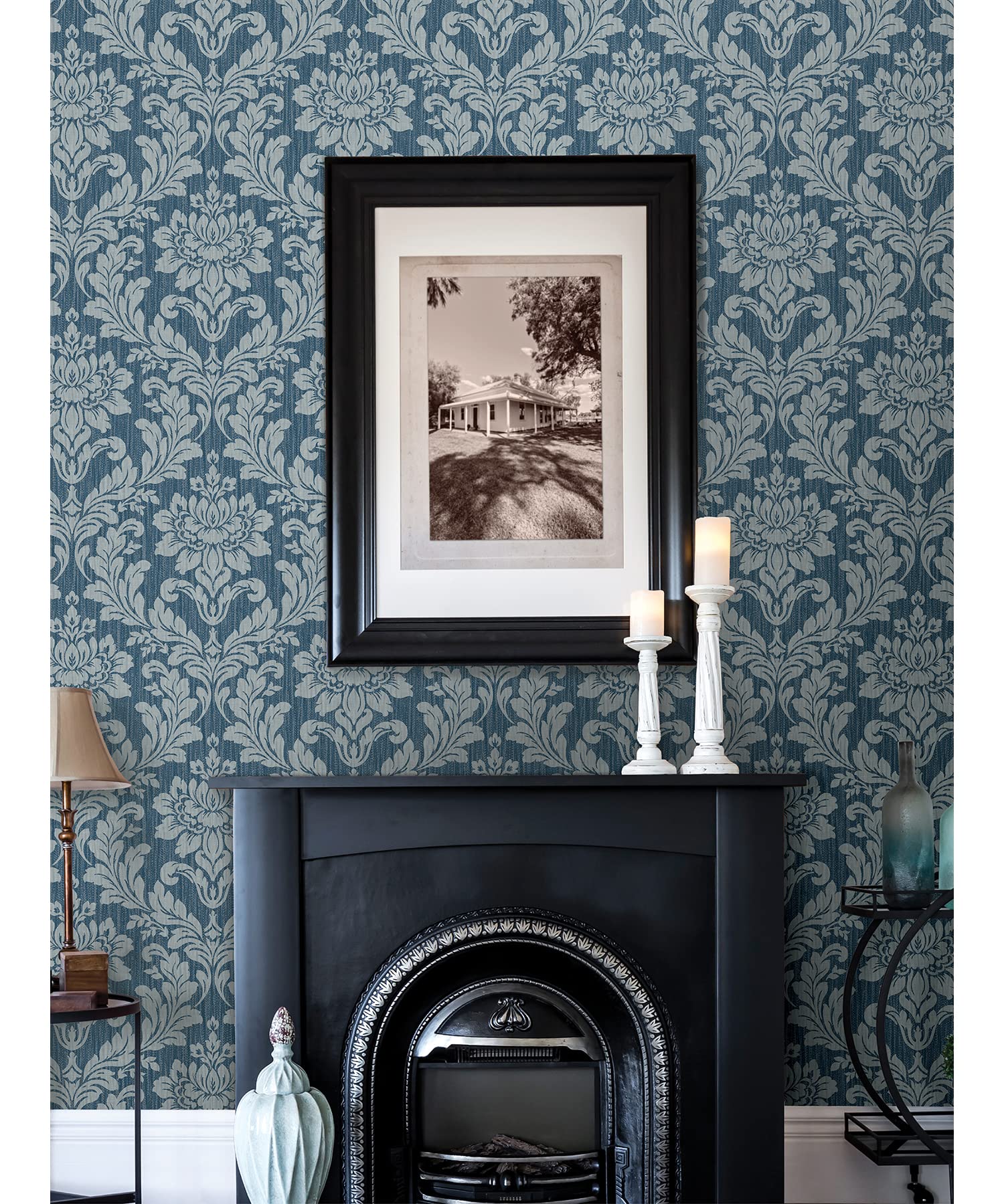 Brewster Home Fashions Galois Blue Damask Wallpaper - Peel and Stick Removable Wallpaper for Bedroom, Living Room, Nursery & Home Decor
