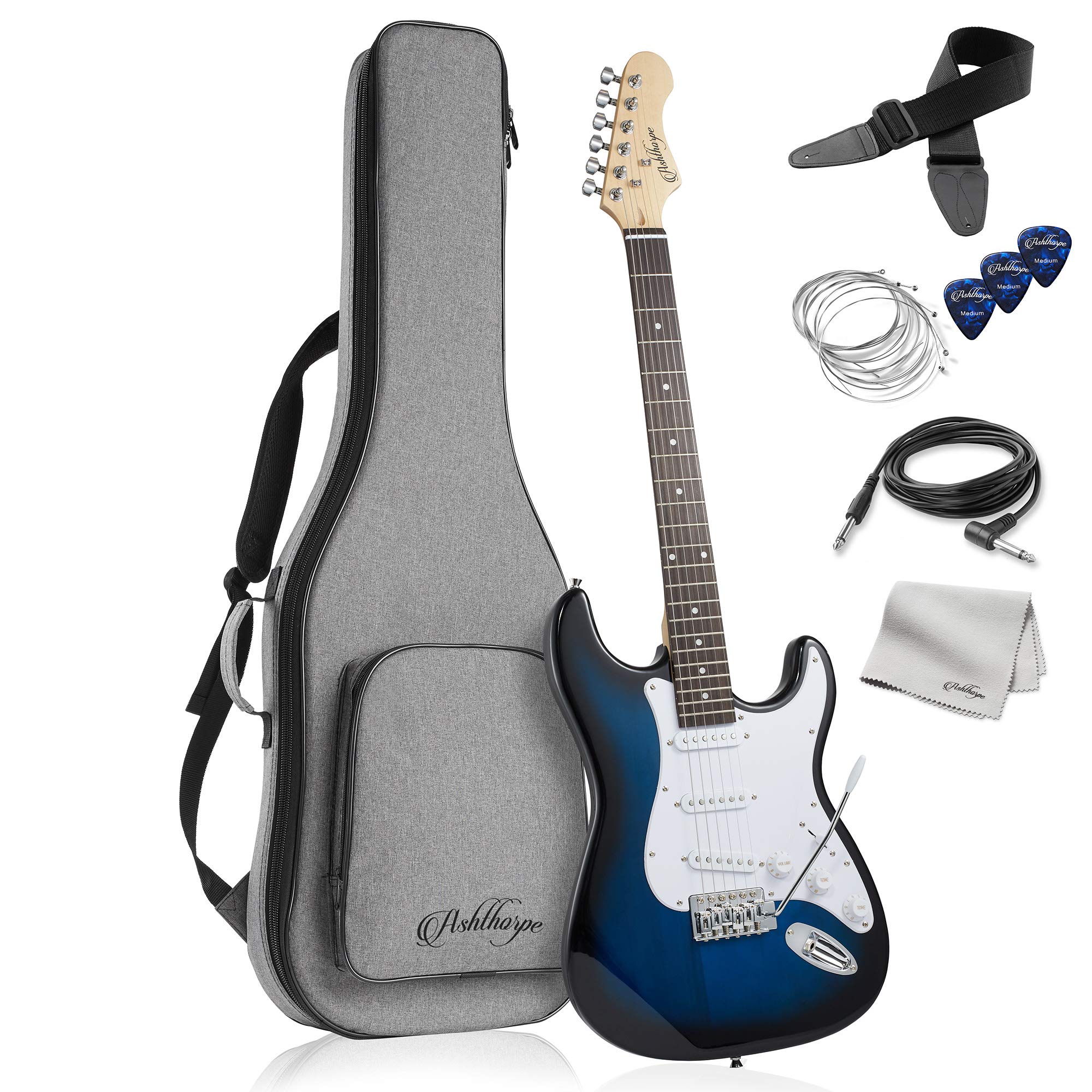 Ashthorpe 39-Inch Full Size Electric Guitar Kit (Blue-White) - Includes Padded Gig Bag, Tremolo Bar, Strap, Strings, Cable, Cloth & Picks - Perfect for Beginners, Practice & Live Performances